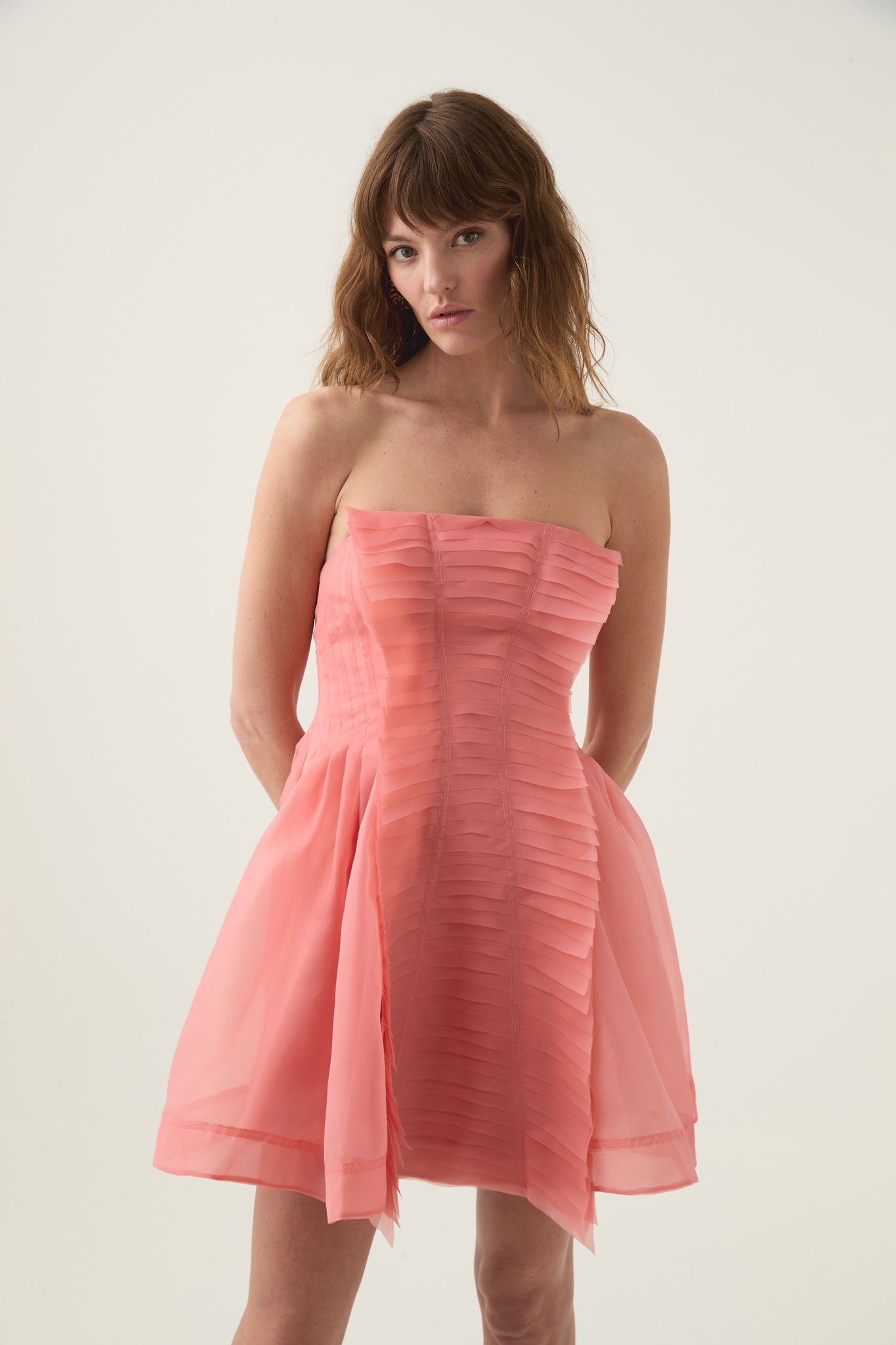 coral strapless dress Pink Mermaid Beaded Satin Long Prom Dresses With Slit Coral Pink / 4 Mini dress Strapless Layered ruffle trim Zipper in back Hello Kalina Coral Multi Strapless Corset