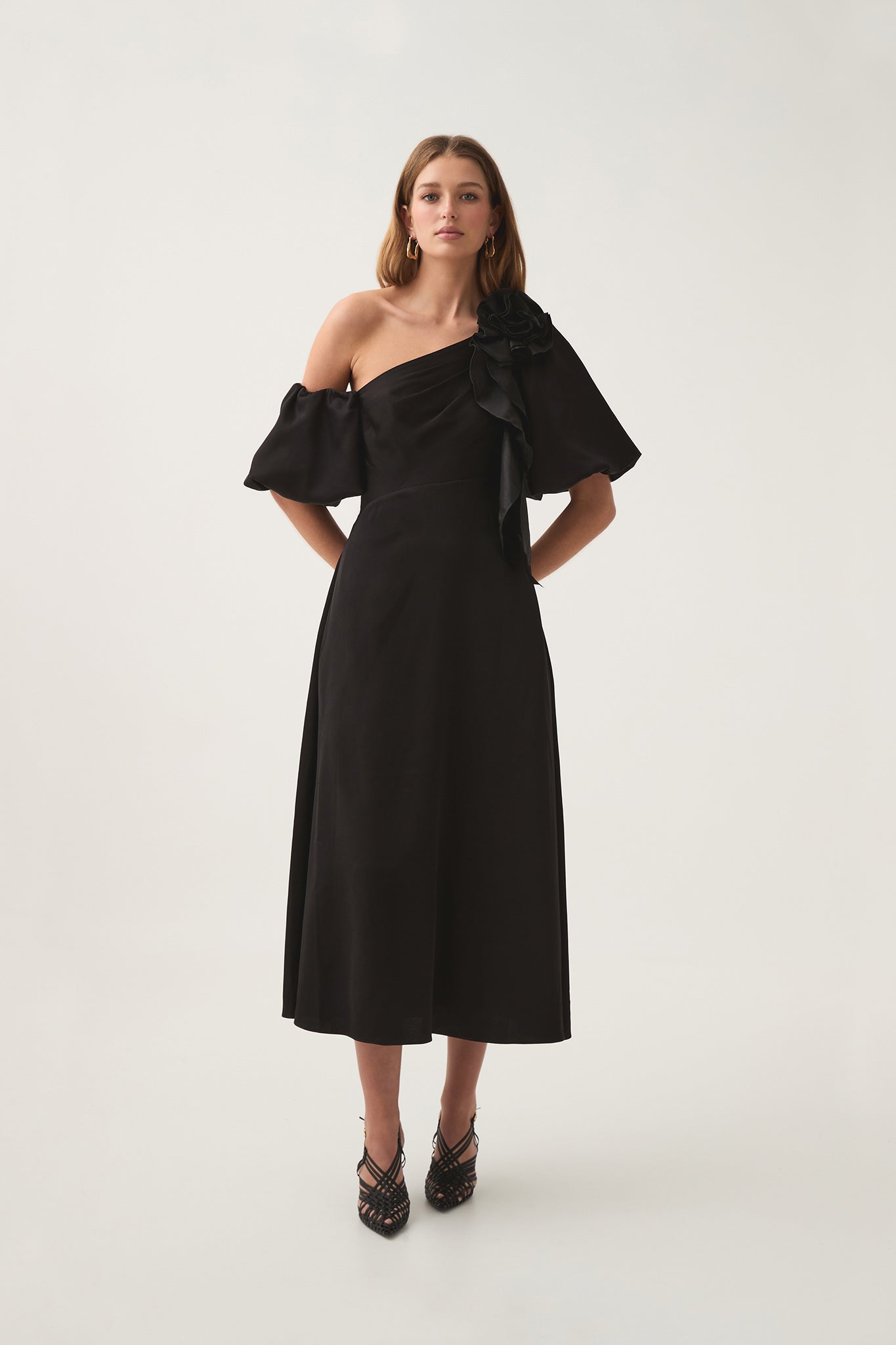 aje black midi dress Etta appliqud off-the-shoulder linen-blend midi dress - black