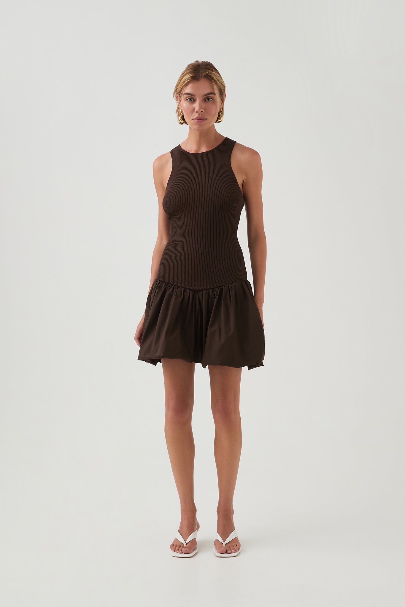aje brown ruffle dress Poised Frill Sleeve Midi Dress