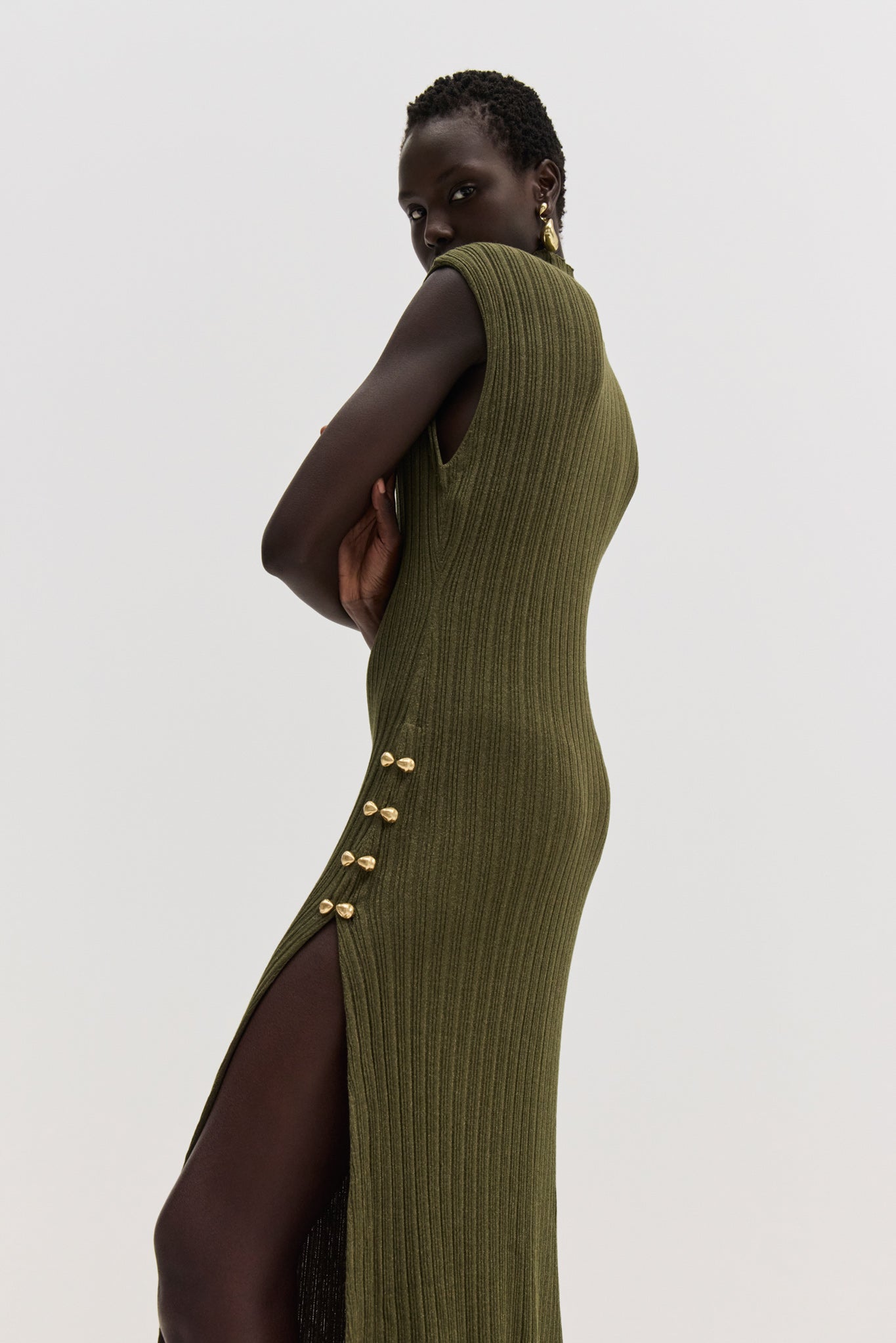 Leandra Knit Midi Dress-METALLIC KHAKI / M Leandra Knit Midi Dress-METALLIC KHAKI / M