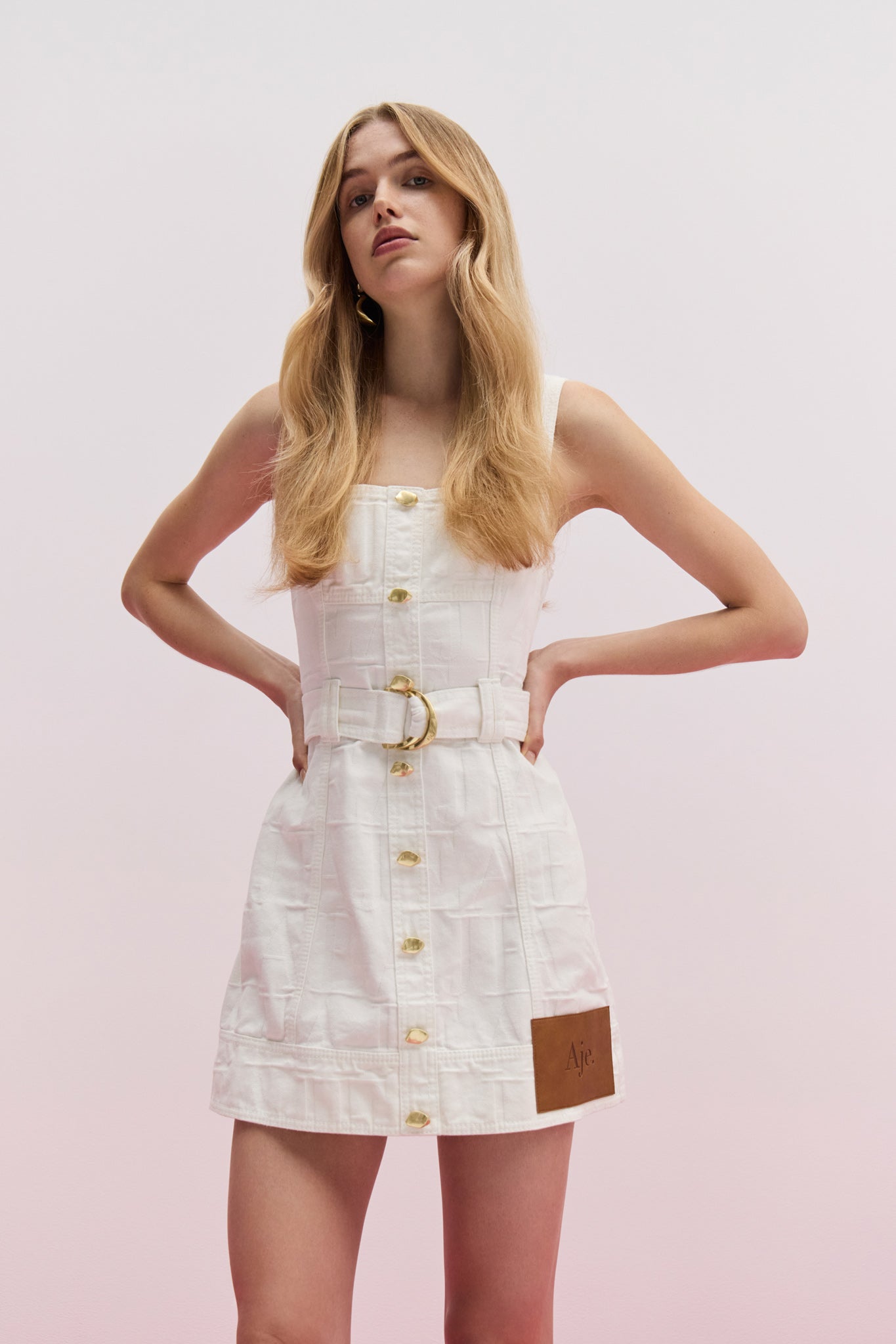 white denim mini dress Helm Denim Mini Dress-IVORY LOGO WASH / 4