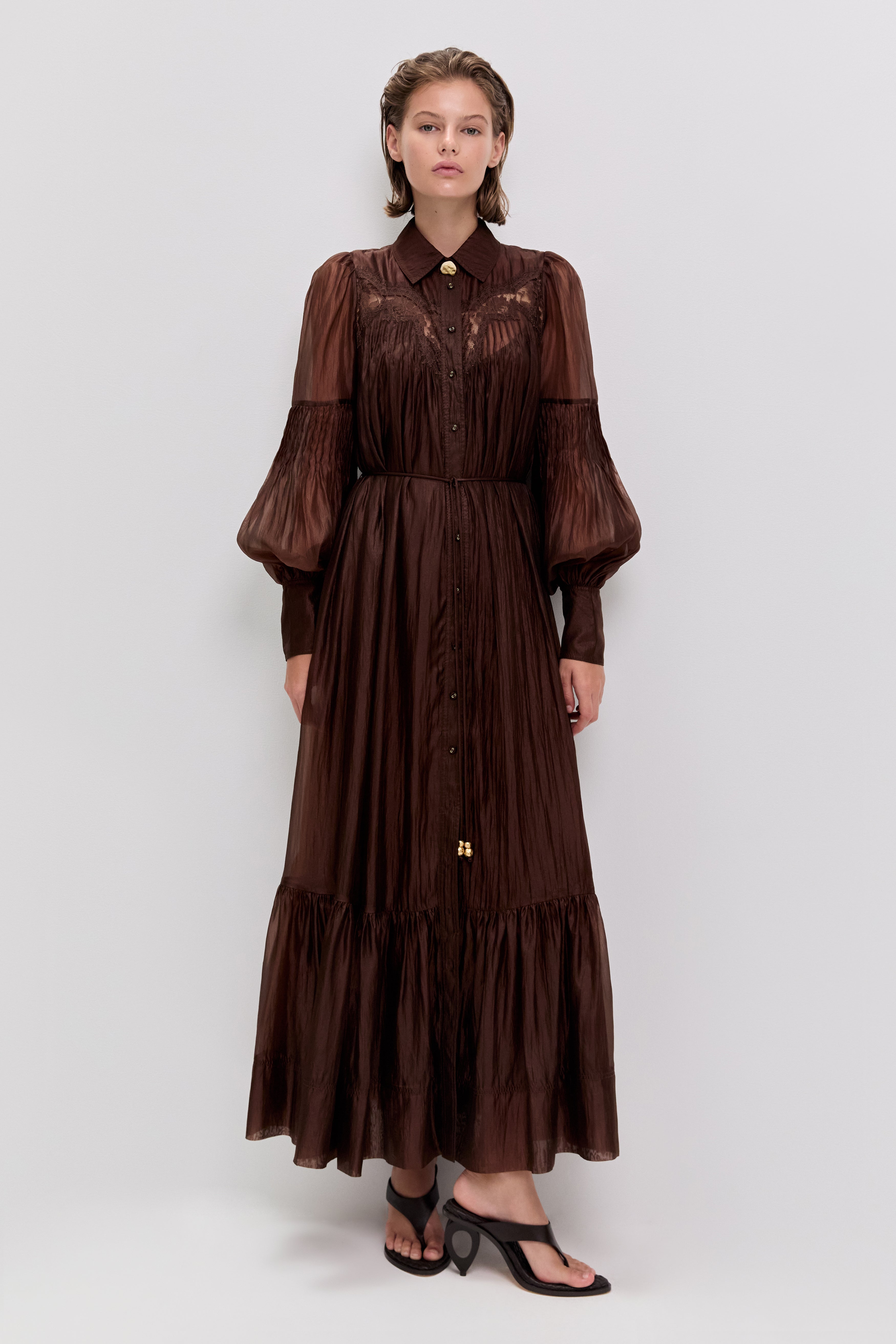 aje brown ruffle dress Ciela Ruffle Knit Maxi Dress-BURNISHED GOLD / XXS