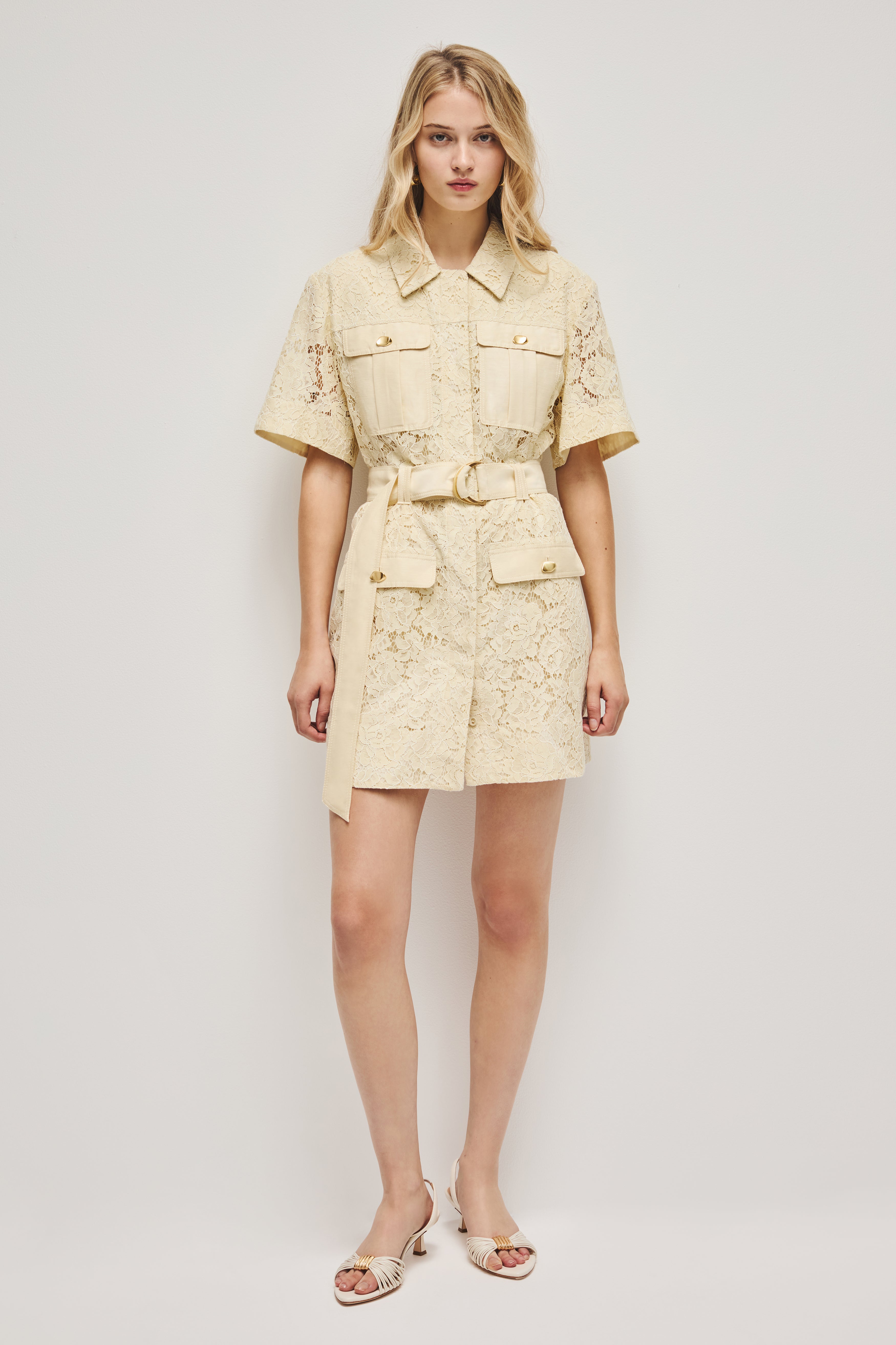 Mystic Lace Mini Shirt Dress | Pastel Yellow