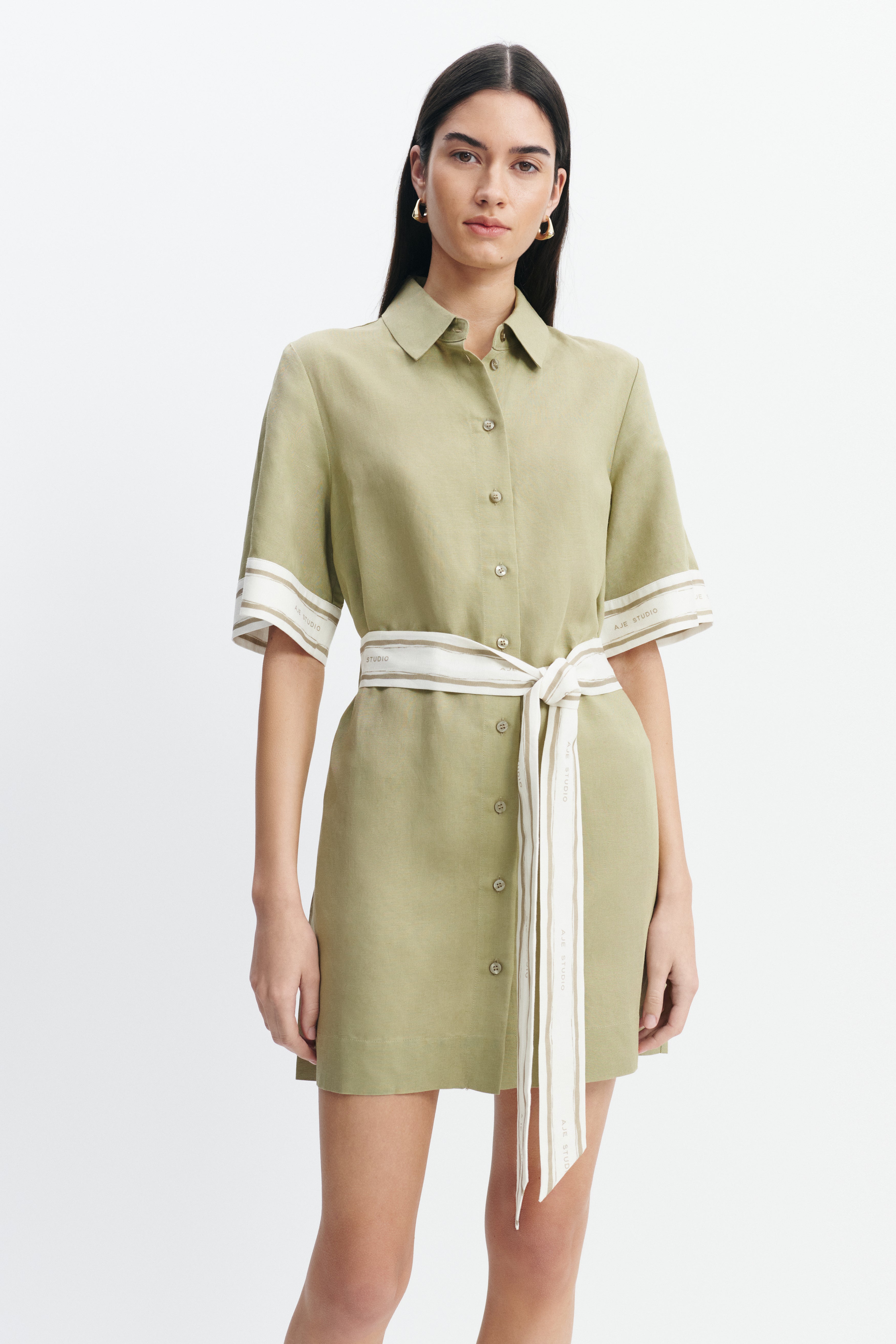 aje olive green dress Ivara Mini Shirt sequin dress