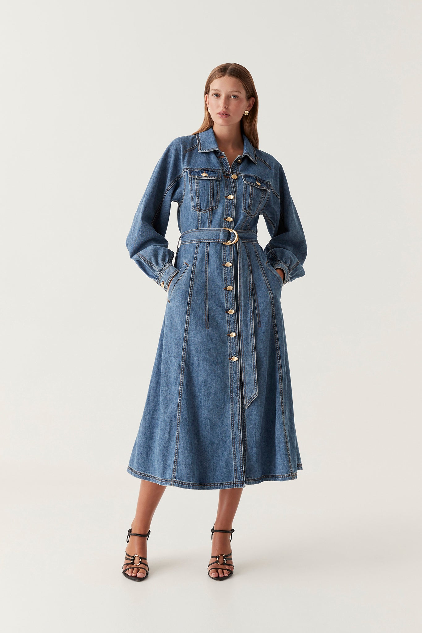 denim midi dress with belt Denim Midi Dress with Belt