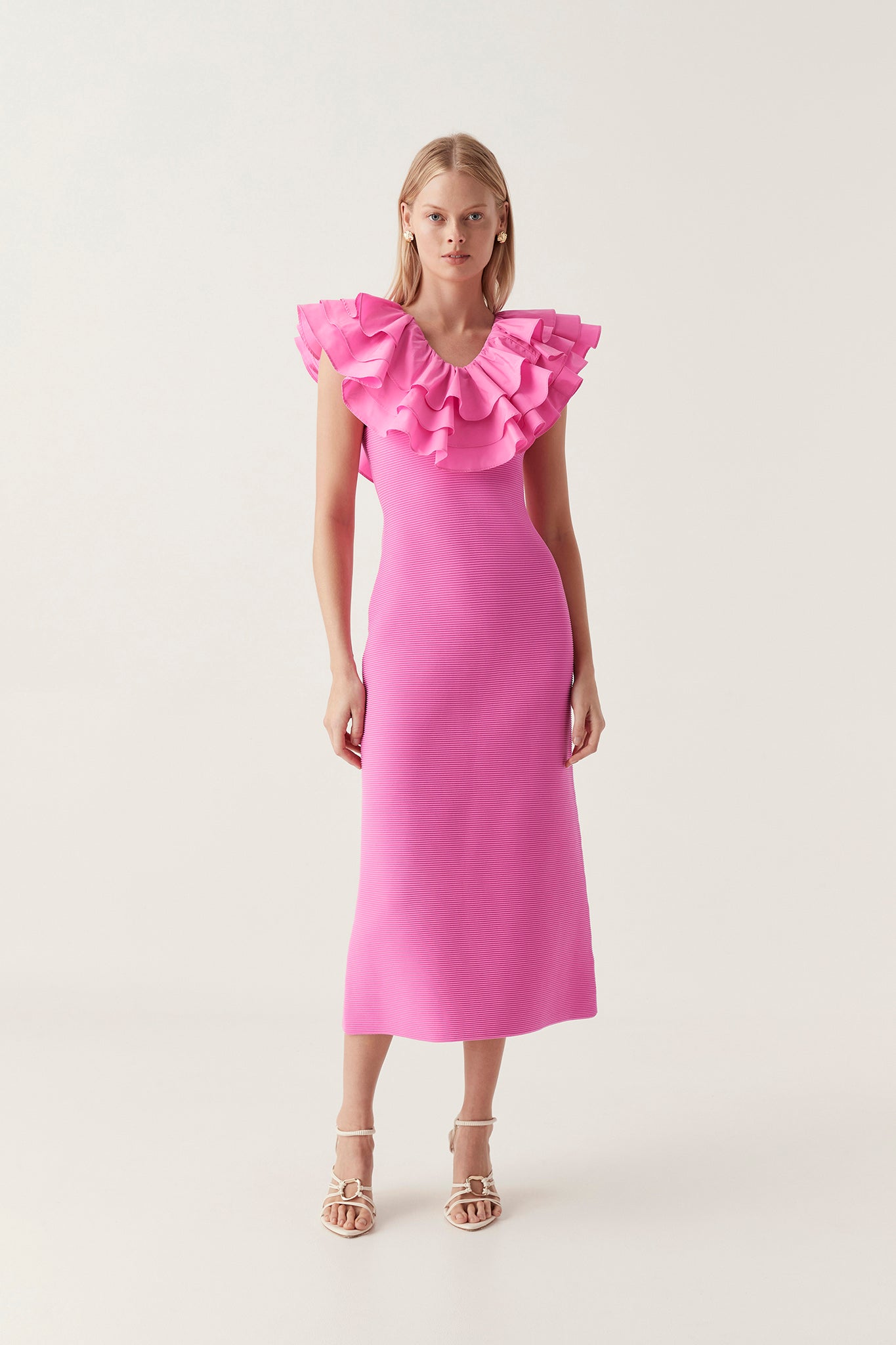 ruffle pink dress Transcendent Ruffle Midi Dress-CERISE PINK / XXS