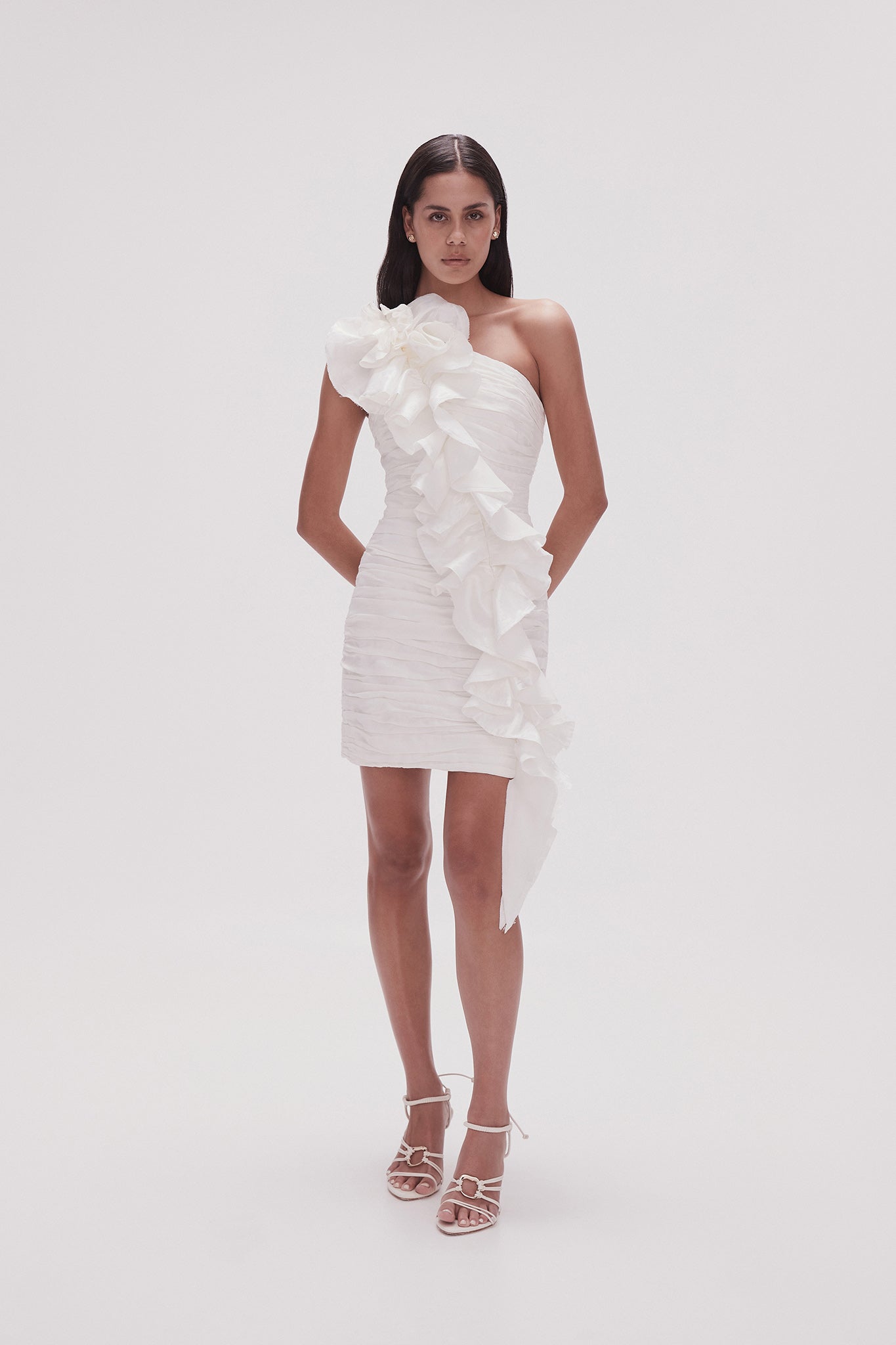 aje white dress Shop Designer Dresses Online FIT About 35 from shoulder to hem Model measurements Adelia Ruffle Mini Dress