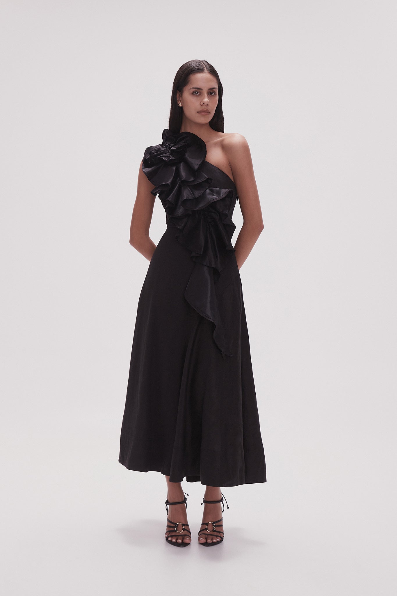 aje adelia ruffle midi dress black Adelia Ruffle Midi Dress | Black