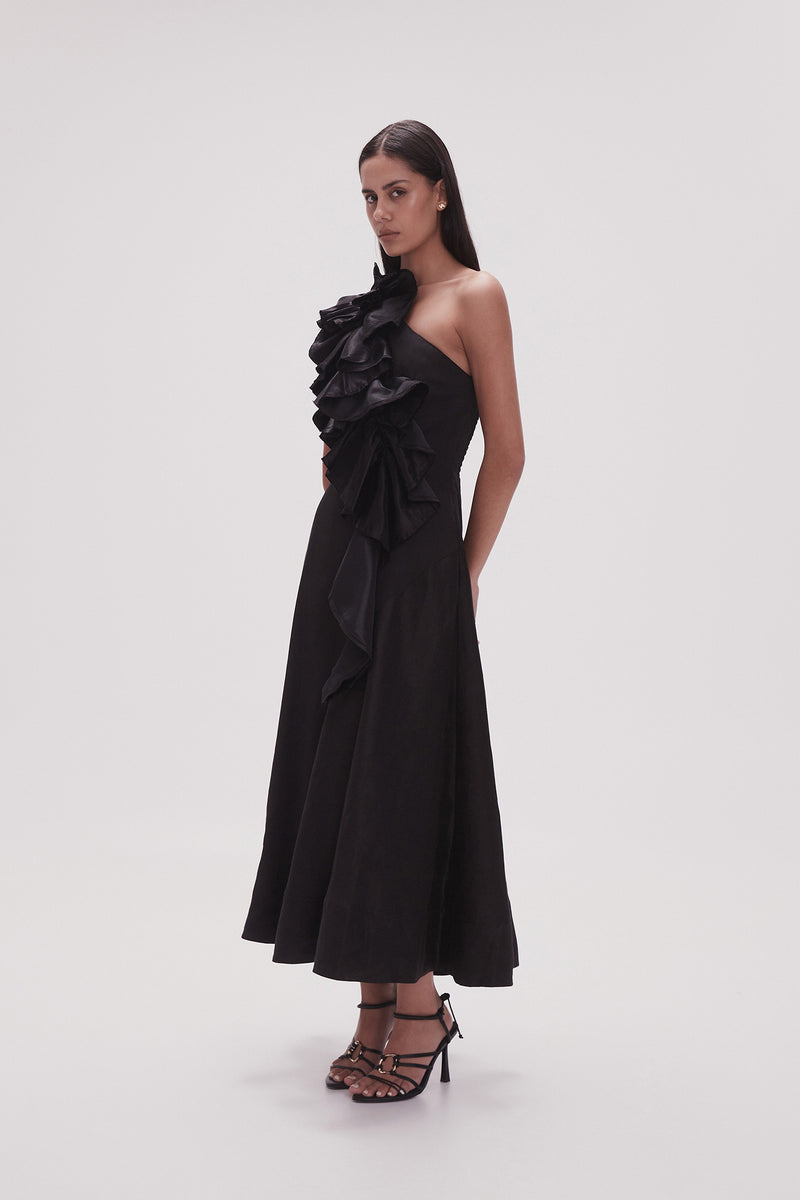 Adelia Ruffle Midi Dress, Black