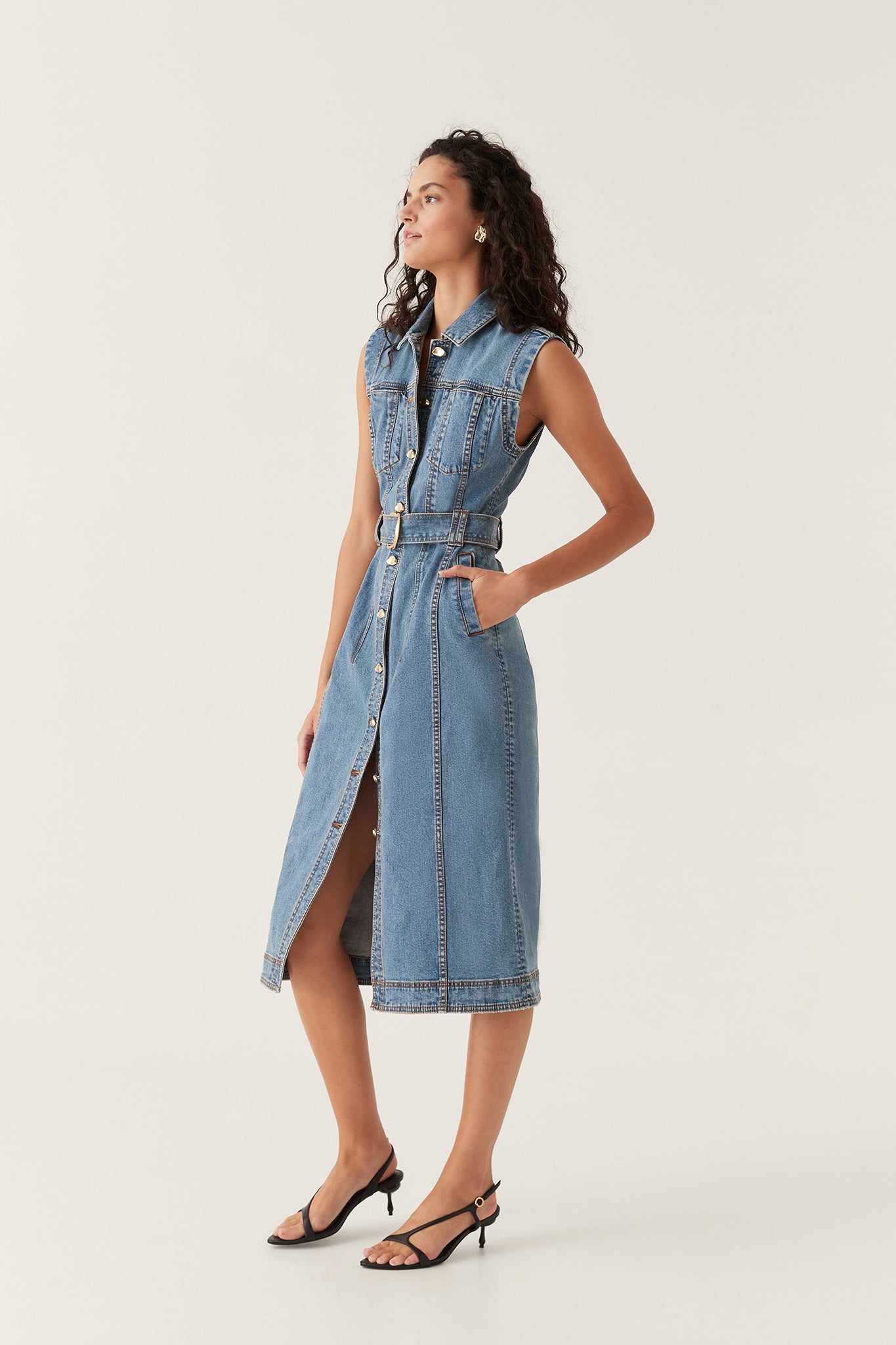 aje clay denim midi dress AJE Clay Denim Midi Dress 90's Wash Size 14