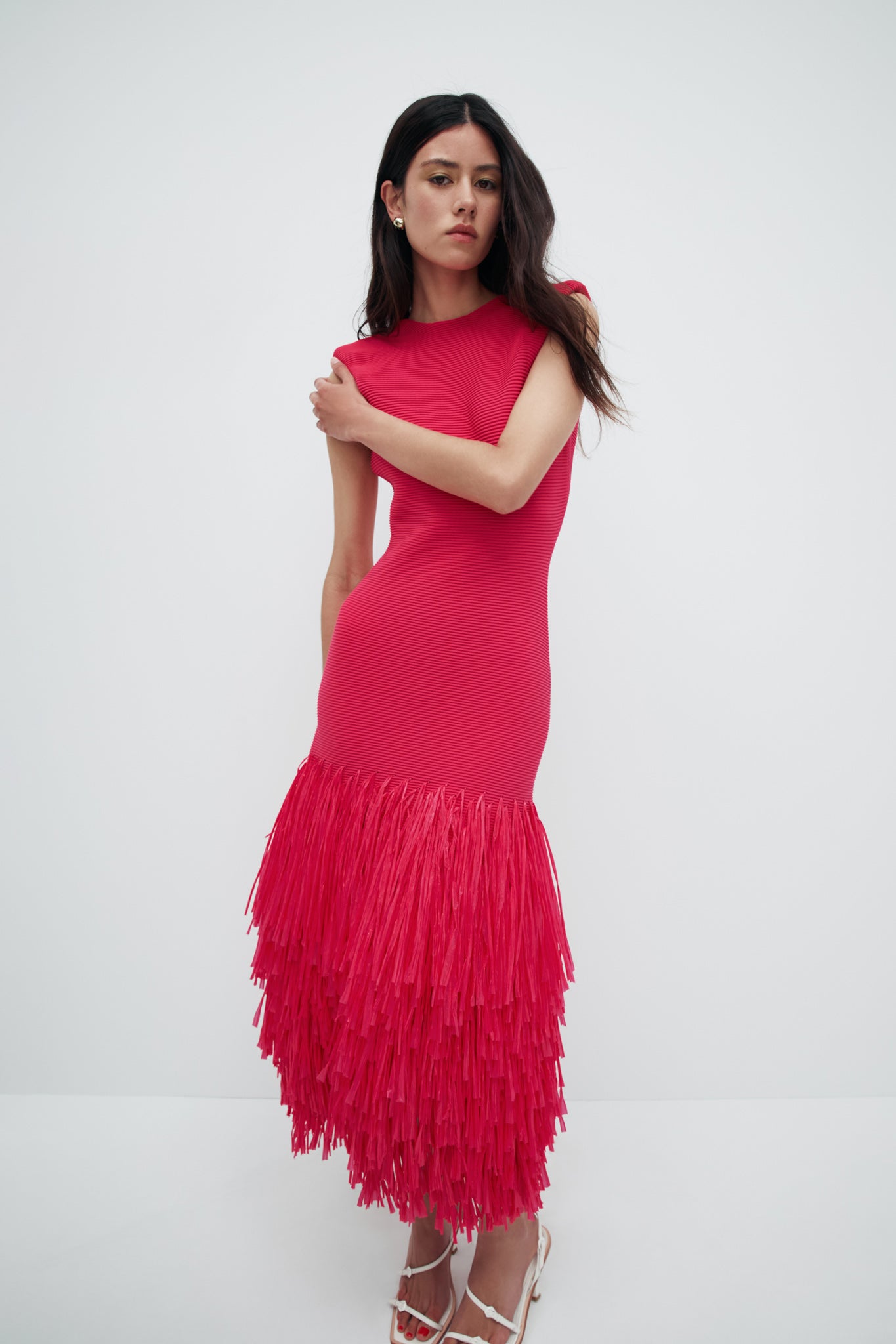 aje Rushes Raffia Knit Midi Dress Deep fuschia Flash Sales | Clothing