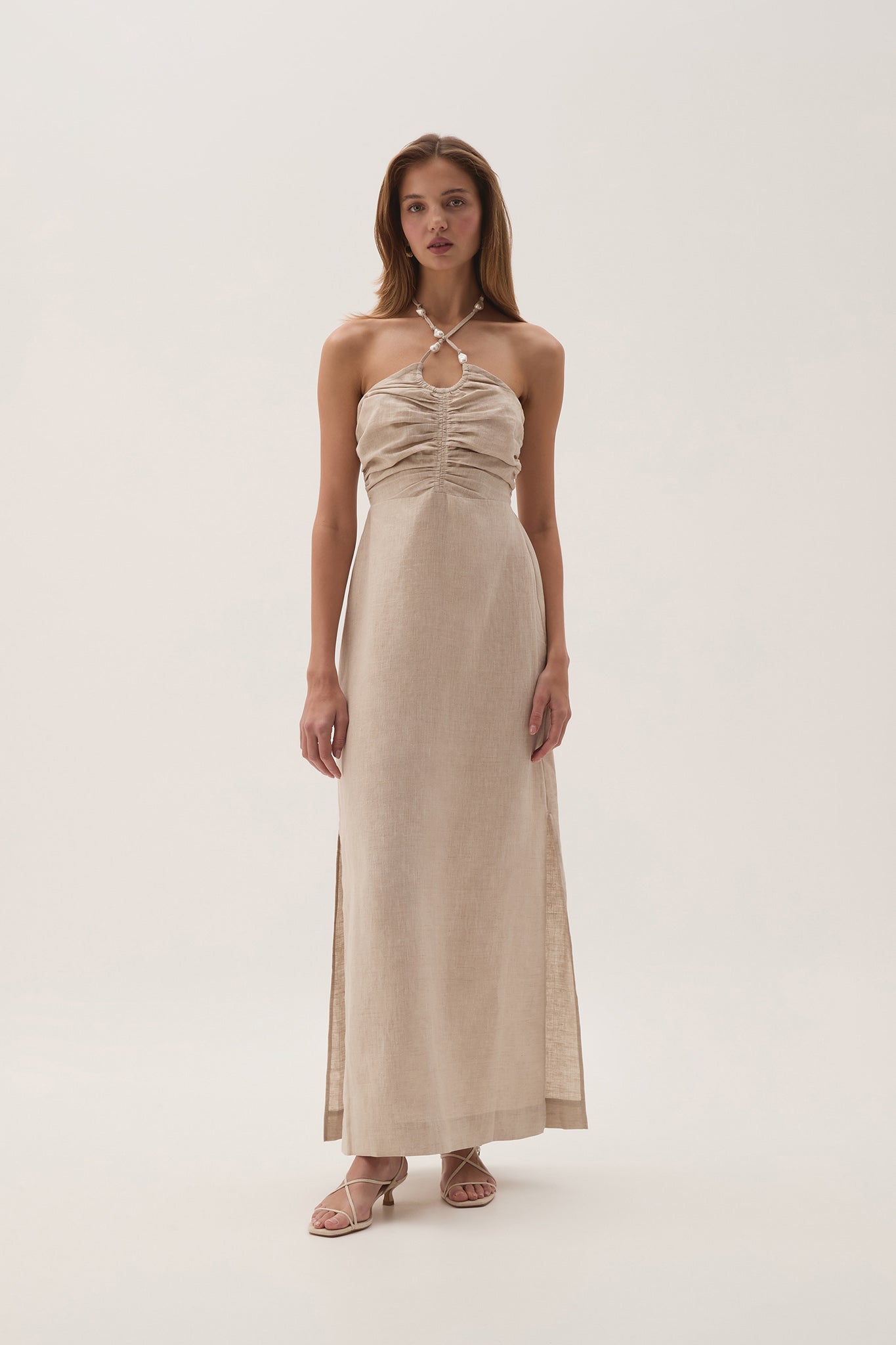 Akoya Ruched Midi Dress-OATMEAL / 16