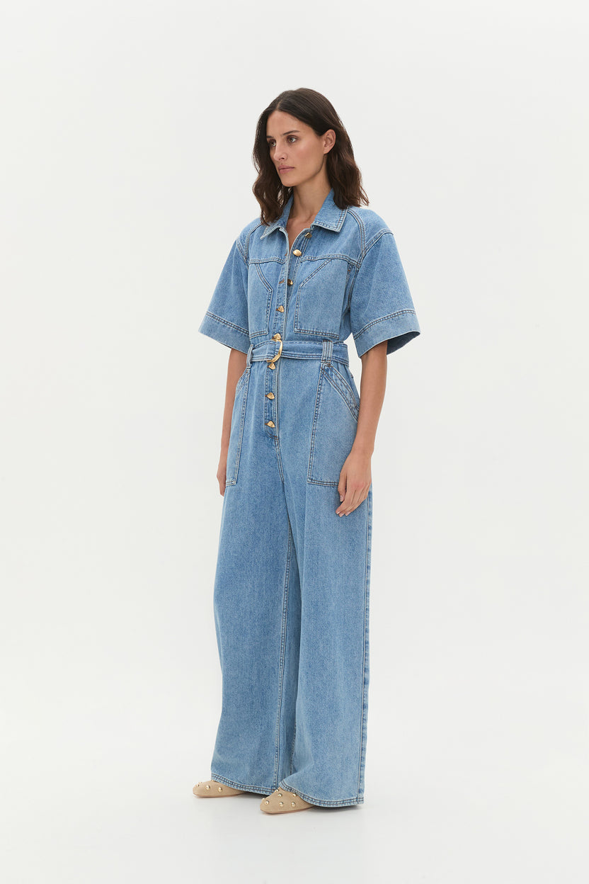 Denim Stone Wash Pinstripe Jumpsuit
