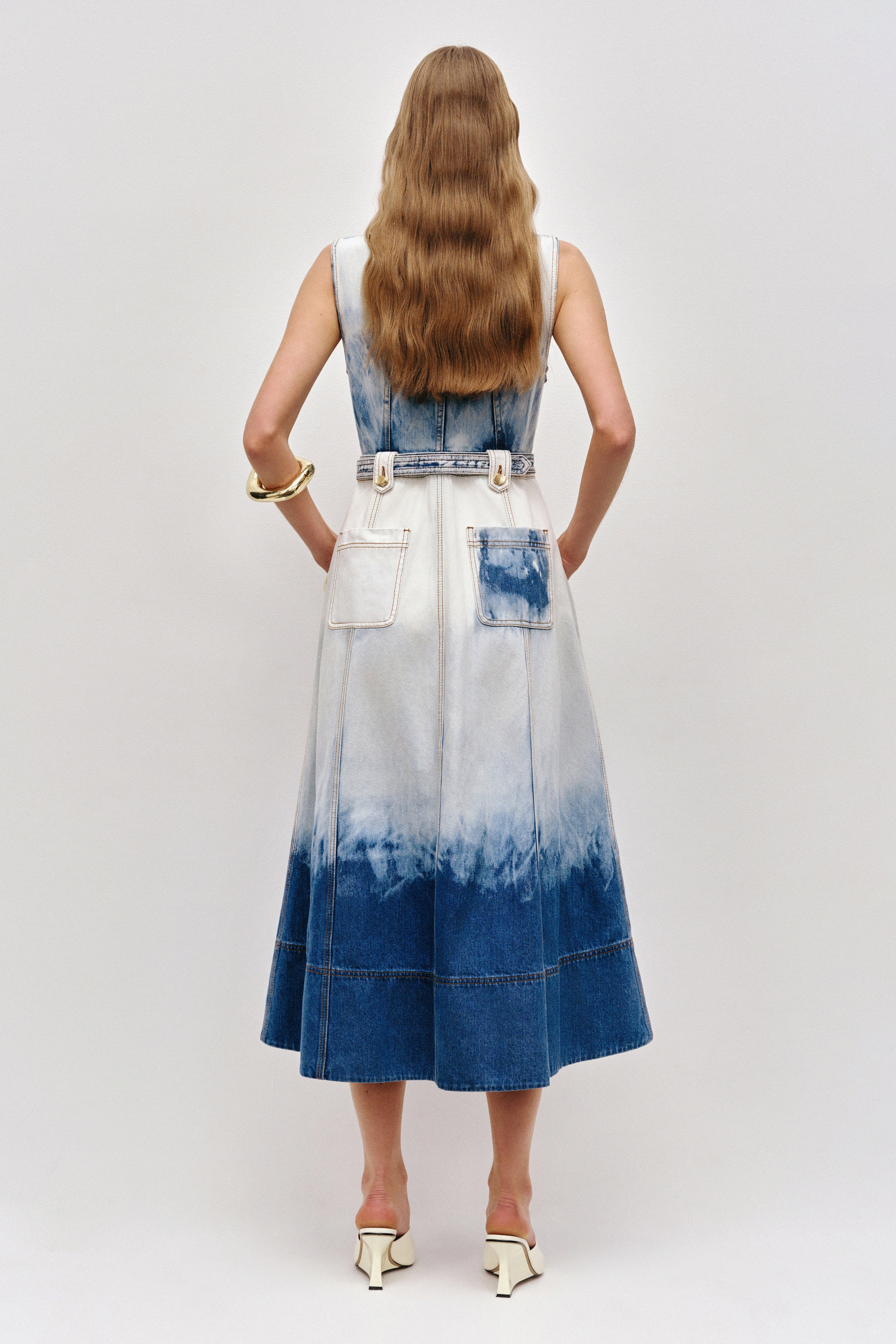 aje tidal tucked midi dress Tides Denim Midi Dress | Bleach Wash