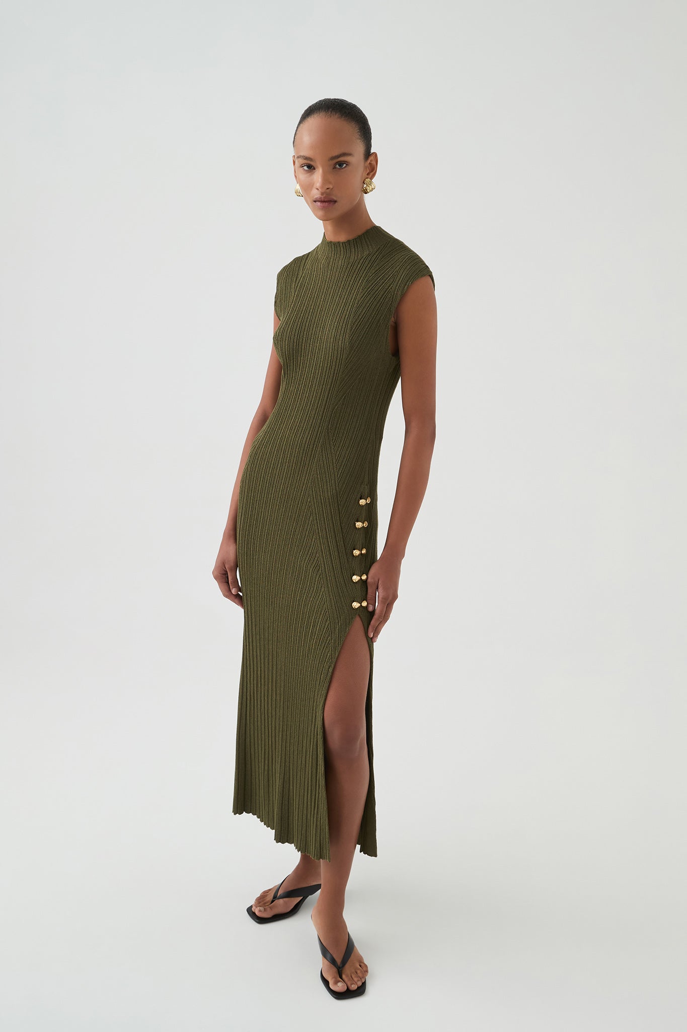 Leandra Knit Midi Dress-METALLIC KHAKI / M Leandra Knit Midi Dress-METALLIC KHAKI / M
