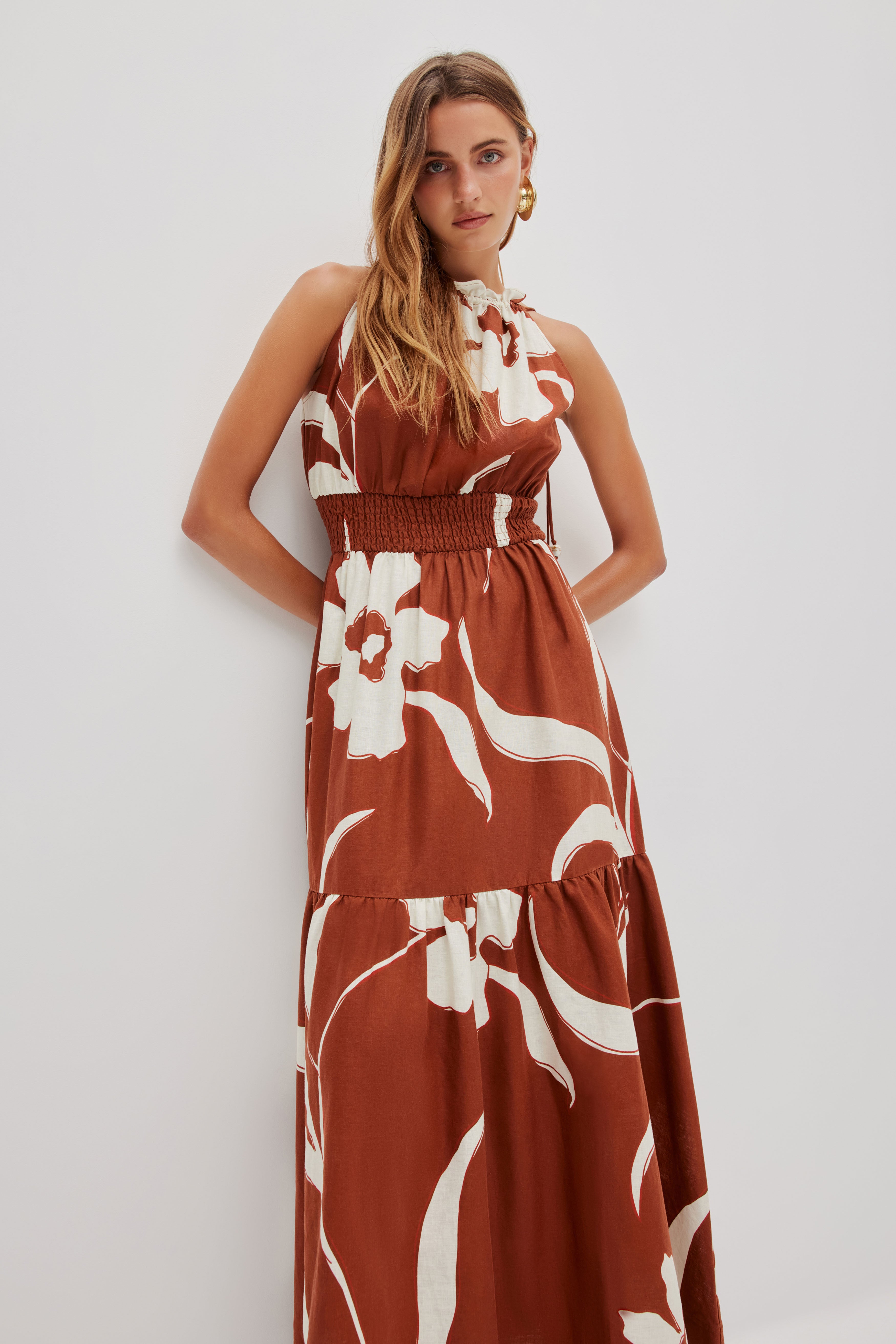 Elara Gathered Maxi Dress | Ochre Petal