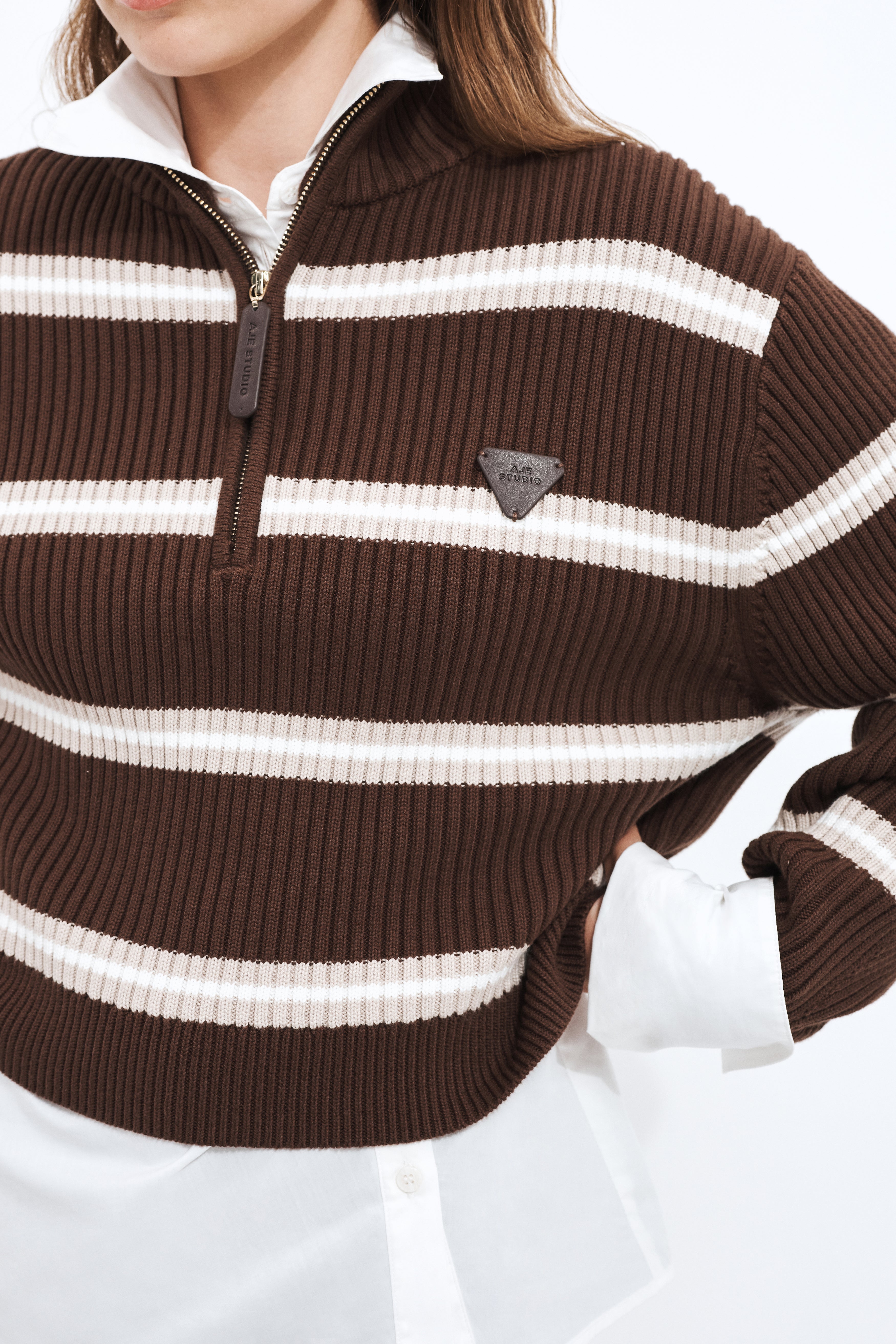 Clara 1/4 Zip Stripe Jumper | Chocolate Stripe | Aje Studio – Aje ROW