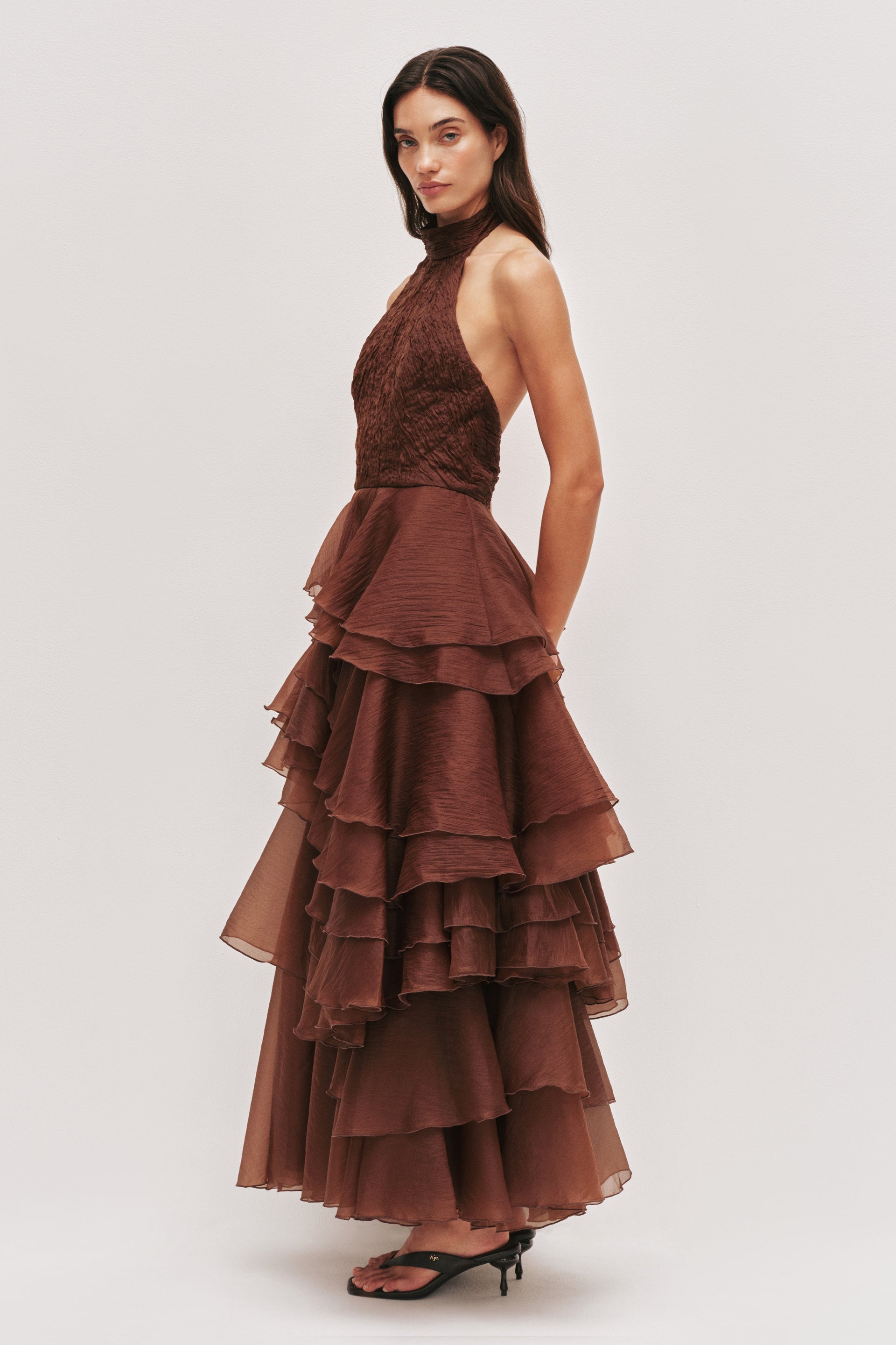 aje brown dress Fayette Gown launchdate:3/24/2025 Lucinda Black Dresser Funnel neck Size:13EEE
