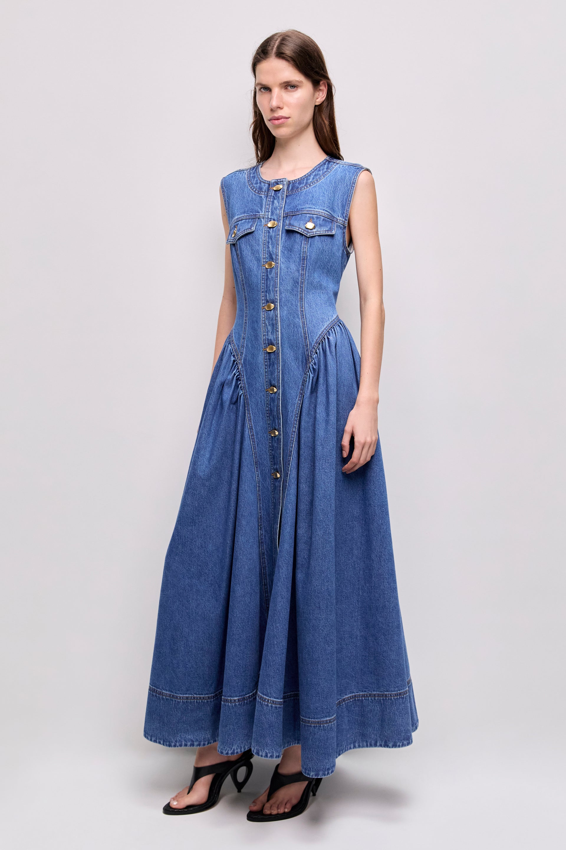 aje clay denim midi dress Loxley Denim Midi Dress-MID WASH BLUE / 4