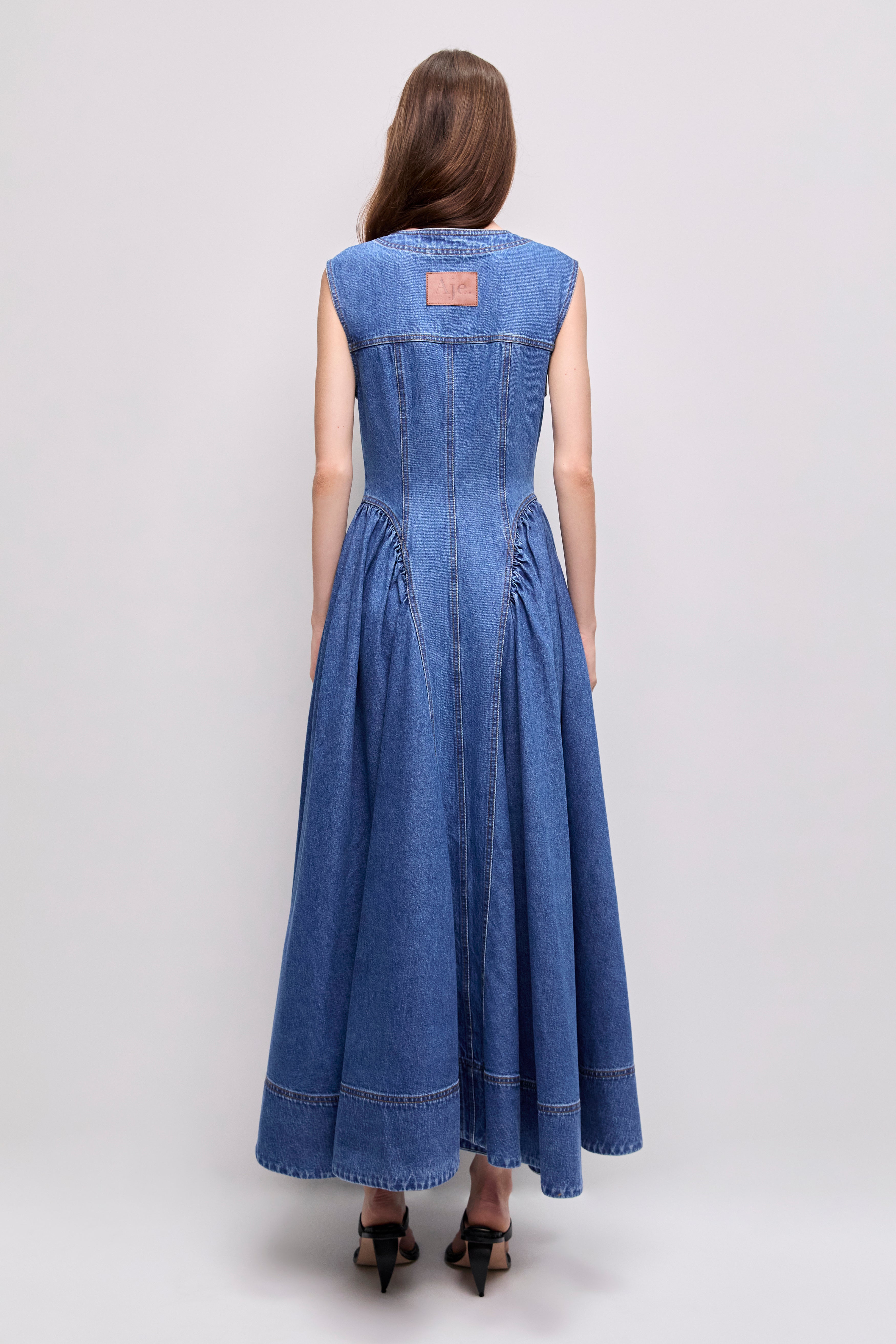 aje clay denim midi dress AJE Clay Denim Midi Dress 90's Wash Size 14