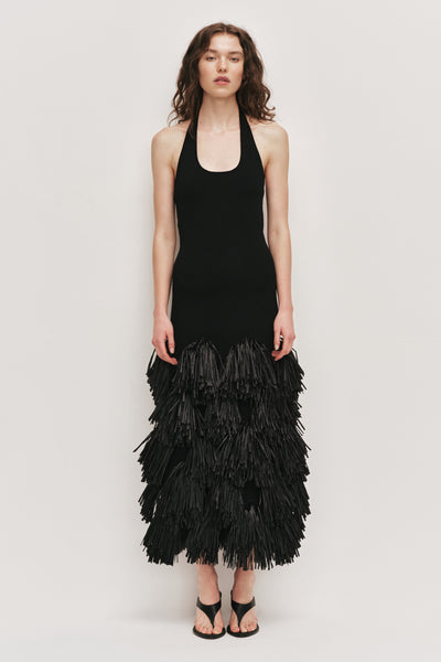 aje black fringe dress Elva Raffia Knit Midi Dress | Black