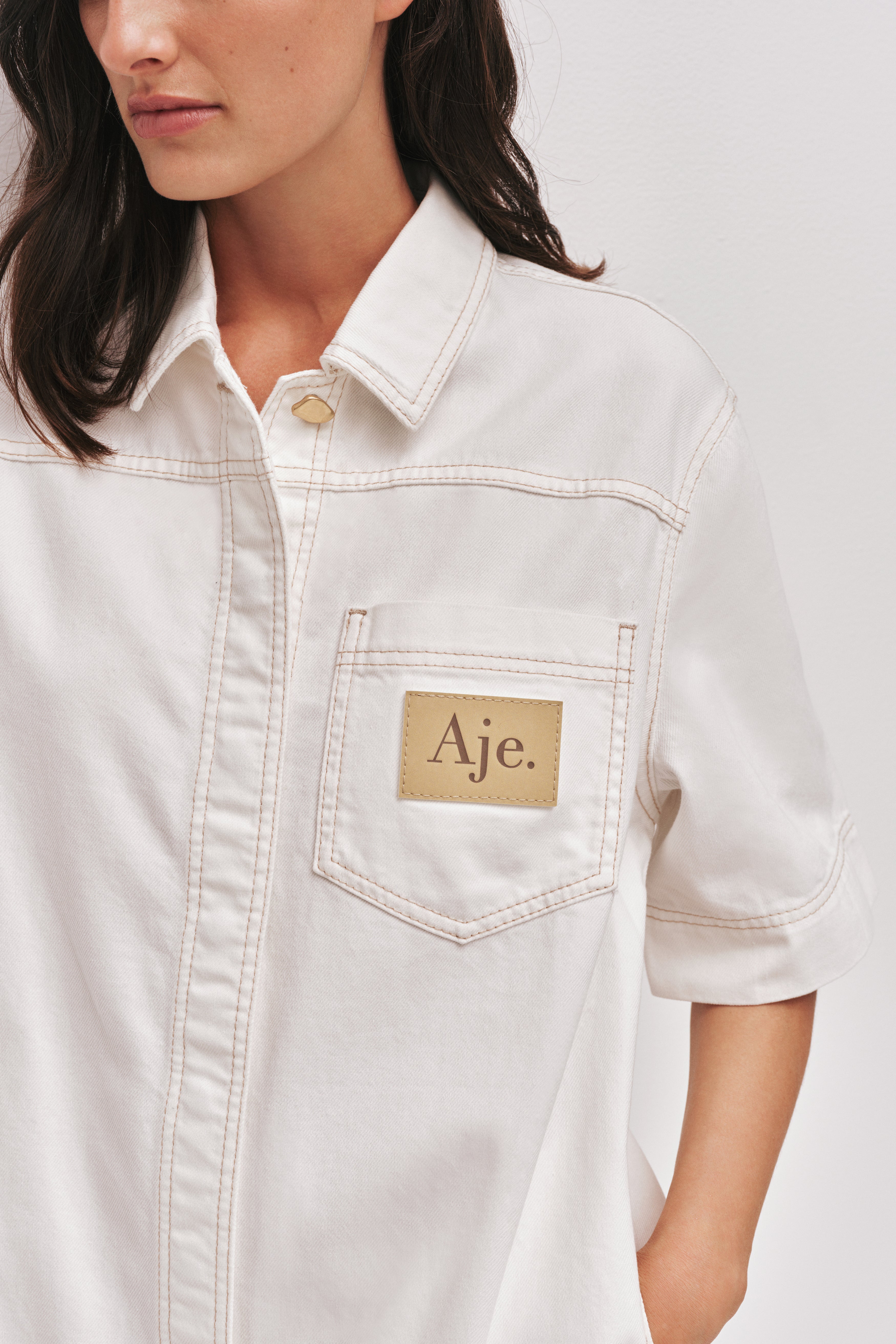 aje aura denim mini tunic dress Aura Denim Mini Dress | Sea Spray Wash