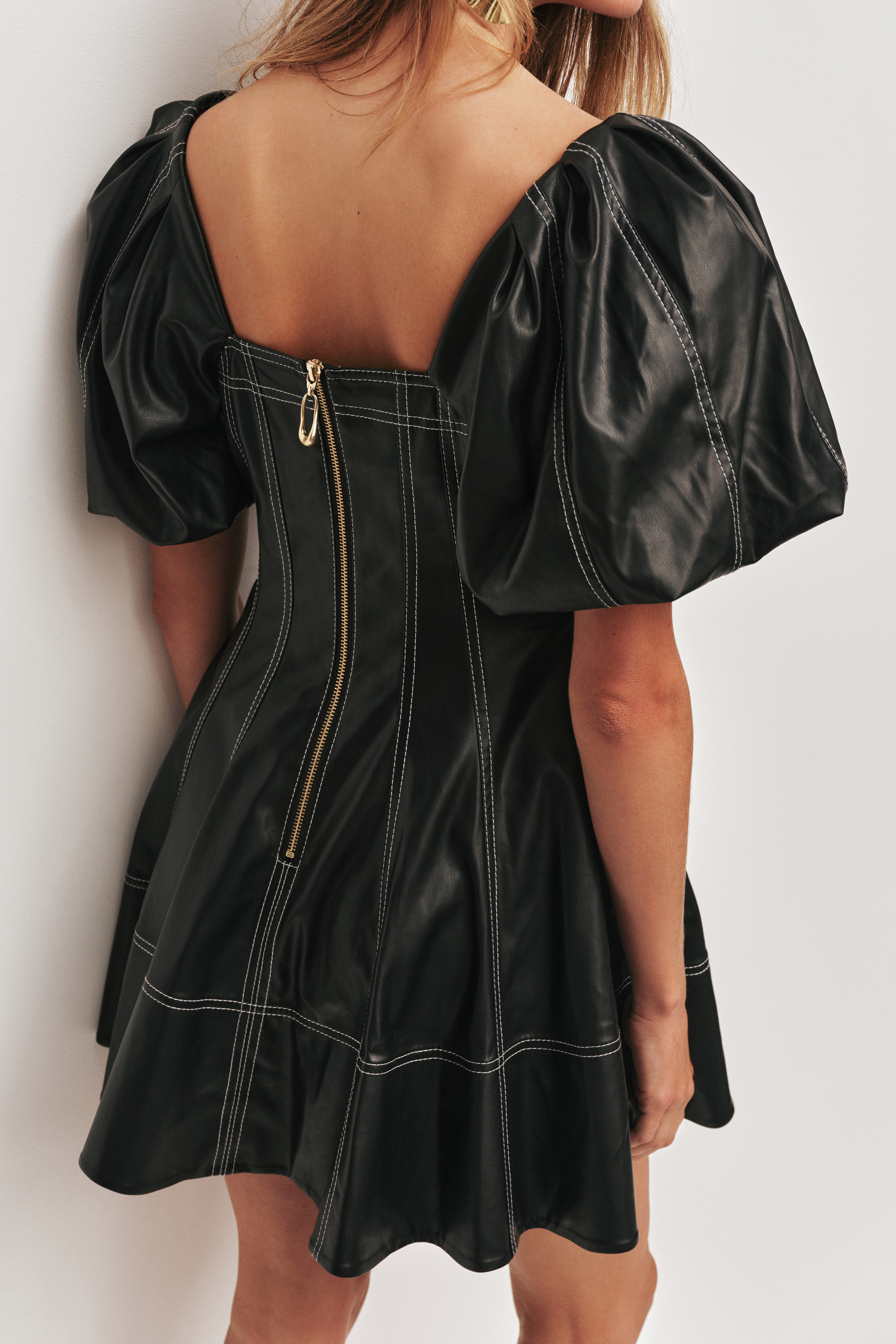 aje black puff sleeve dress Casa Puff Sleeve Midi Dress-BLACK / 4