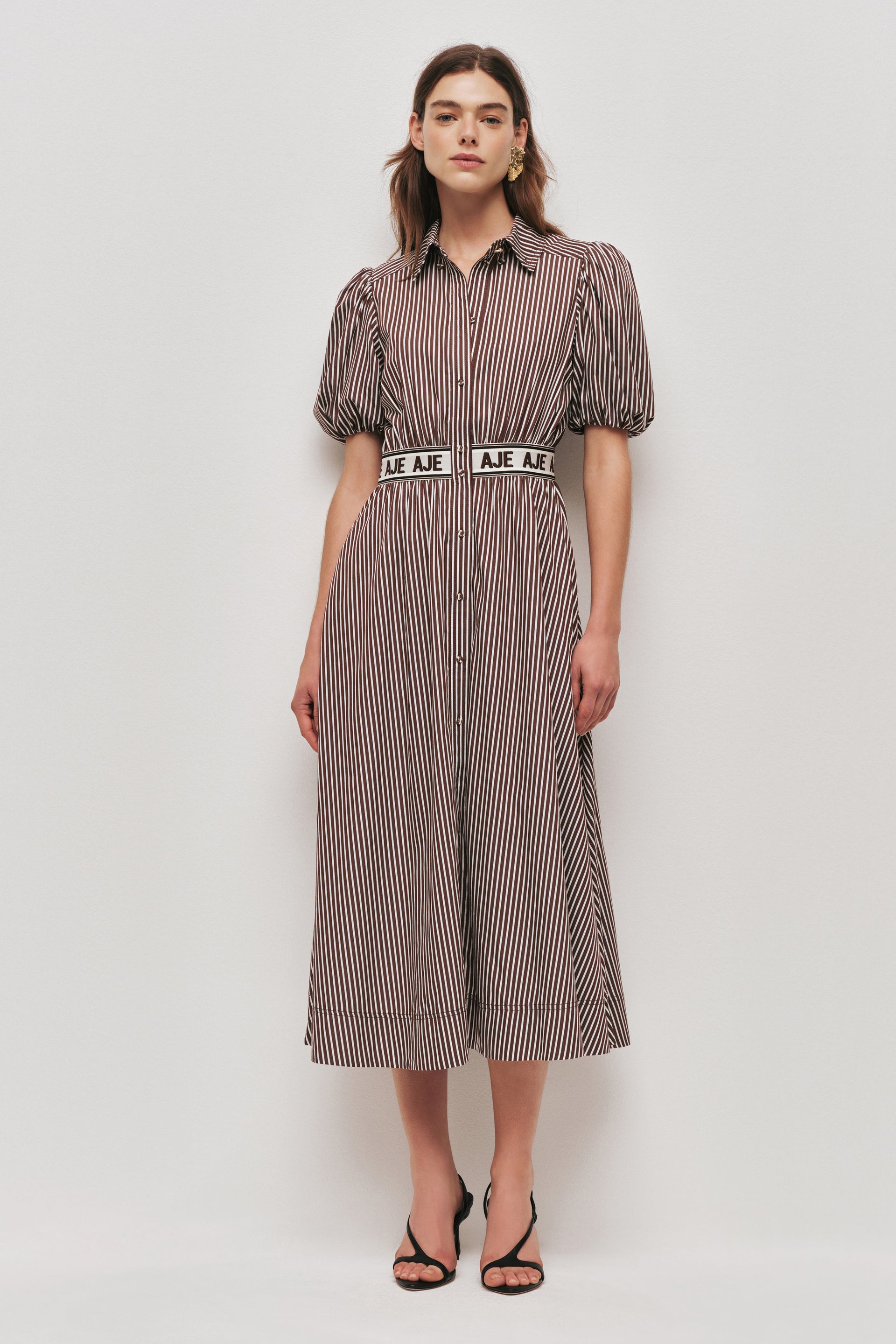 aje harling logo midi dress Harling Logo Midi Dress-CHOCOLATE STRIPE / 4