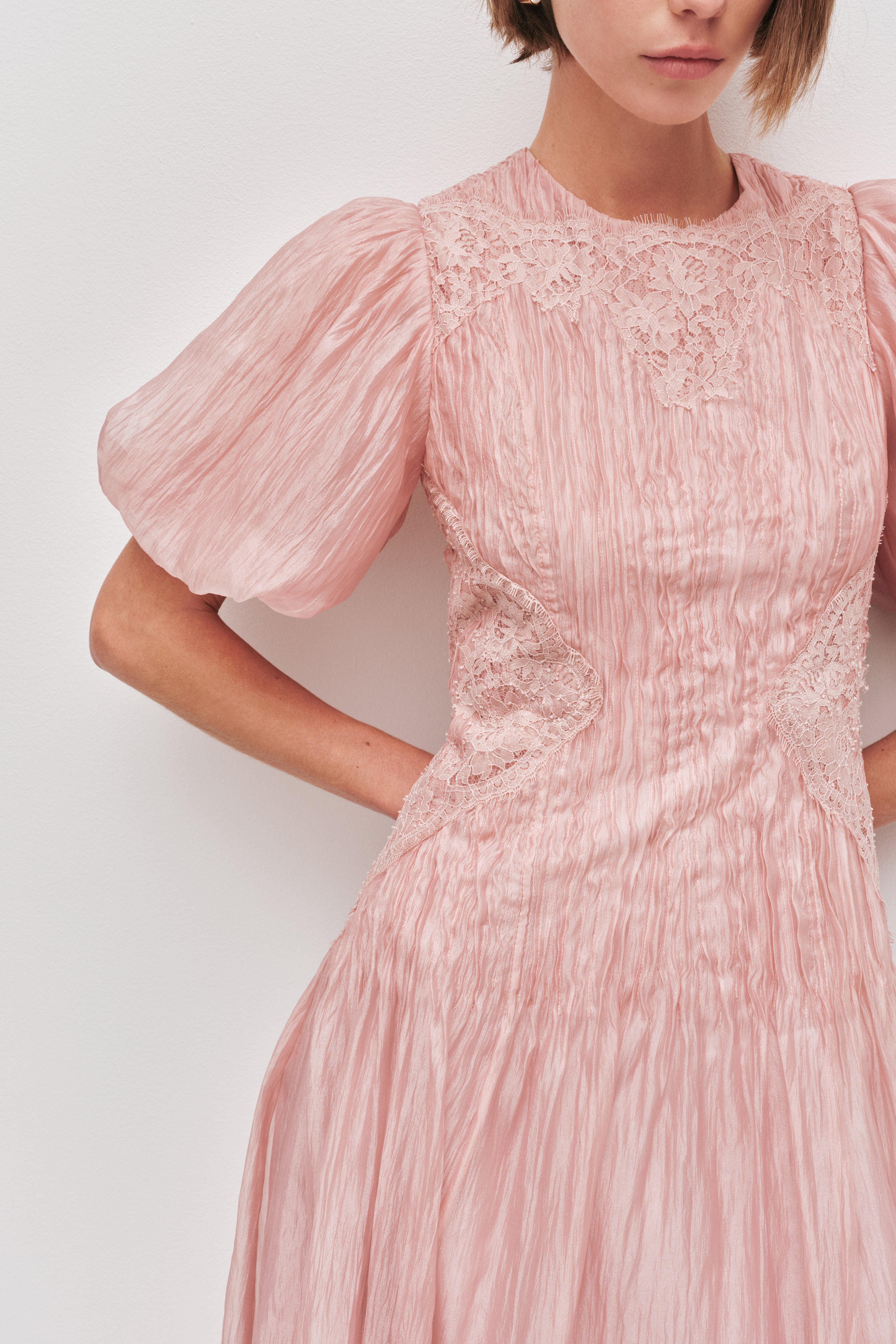 pink lace midi dress with sleeves LONG SLEEVE MESH LACE MIDI DRESS IN PINK