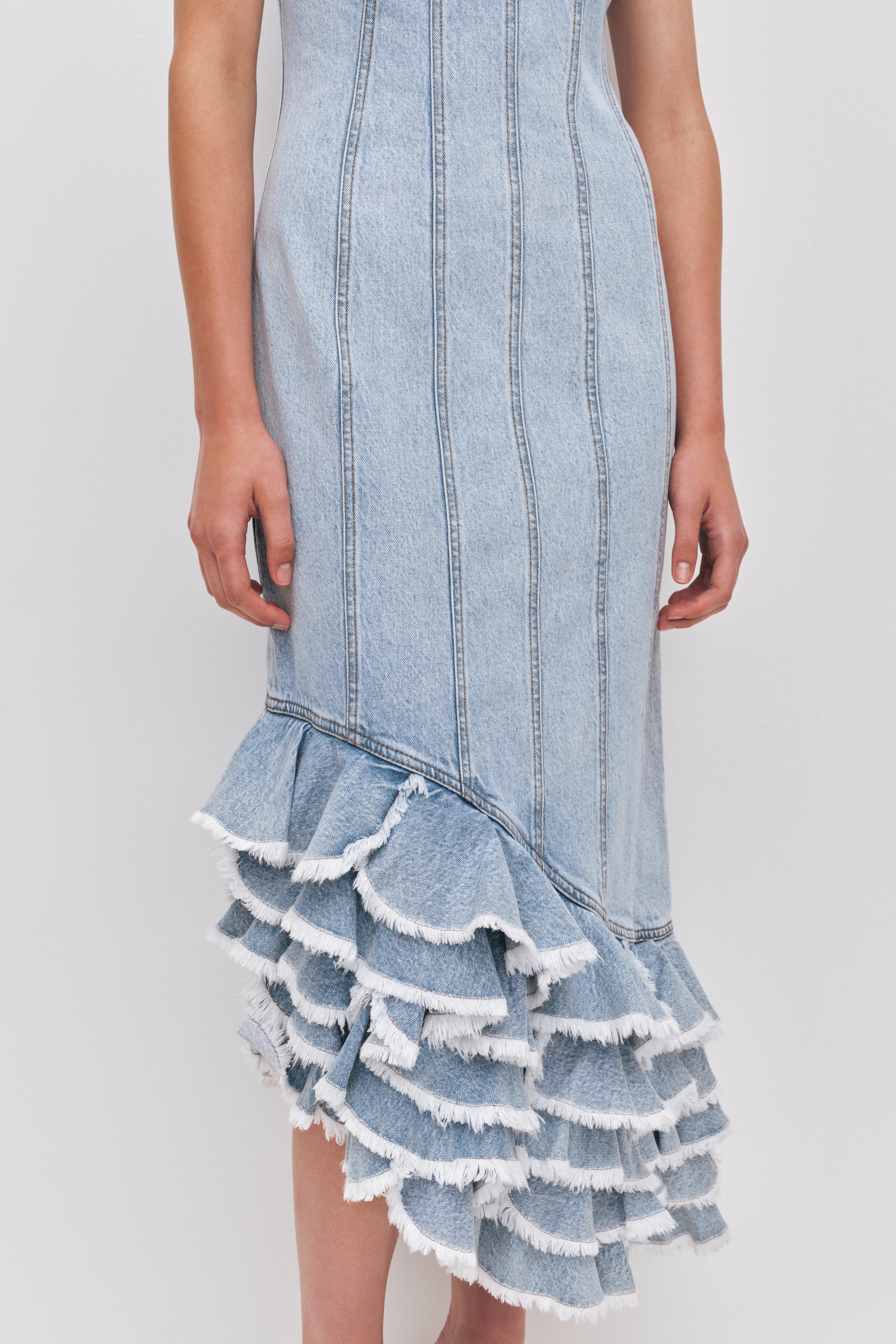 long denim ruffle dress Moon Sweetheart Neckline Ruffle Midi Dress Denim