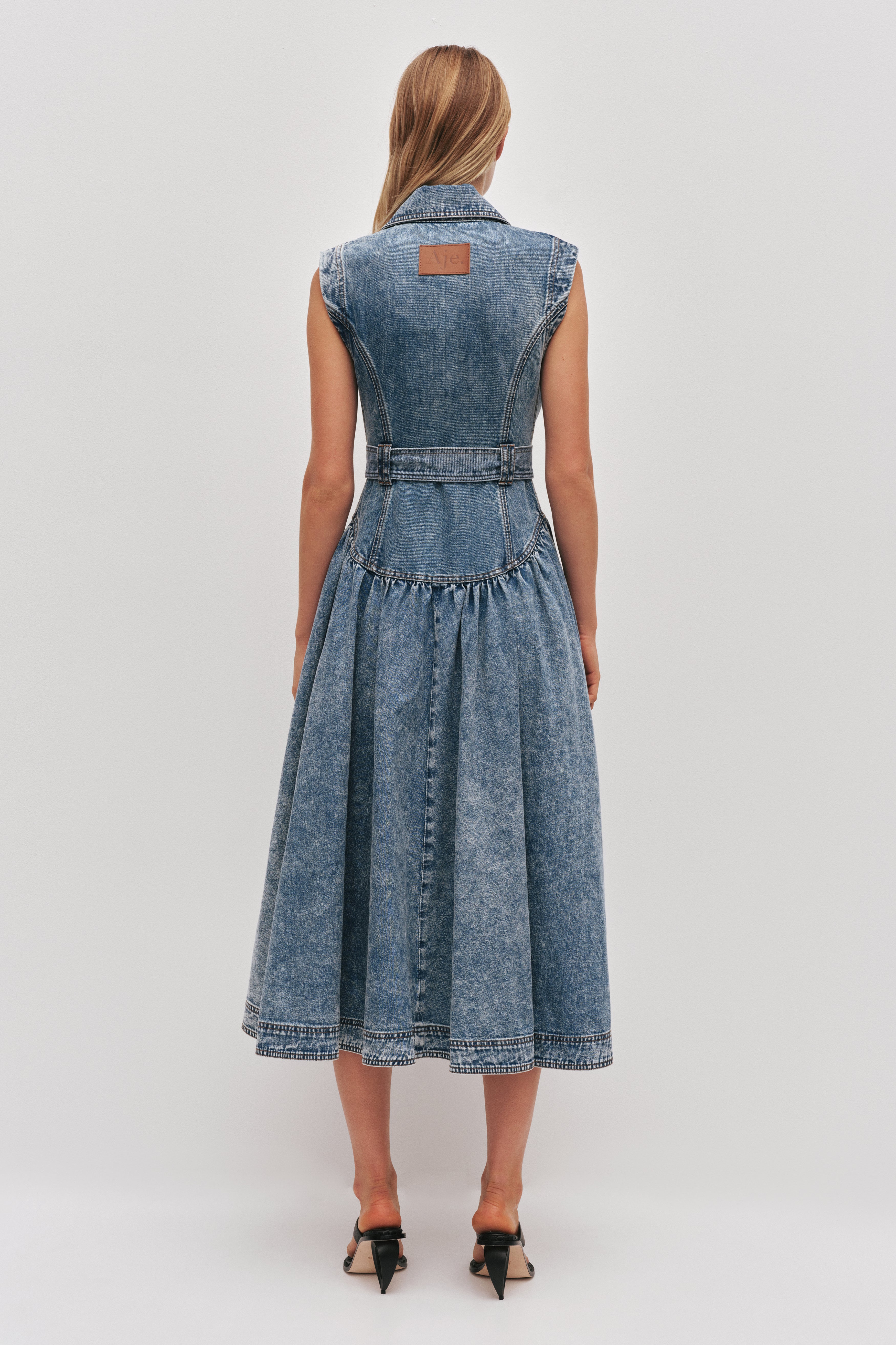 knee length dresses for ladies Angelina Belted Midi Dress-BLUE RINSE / 4