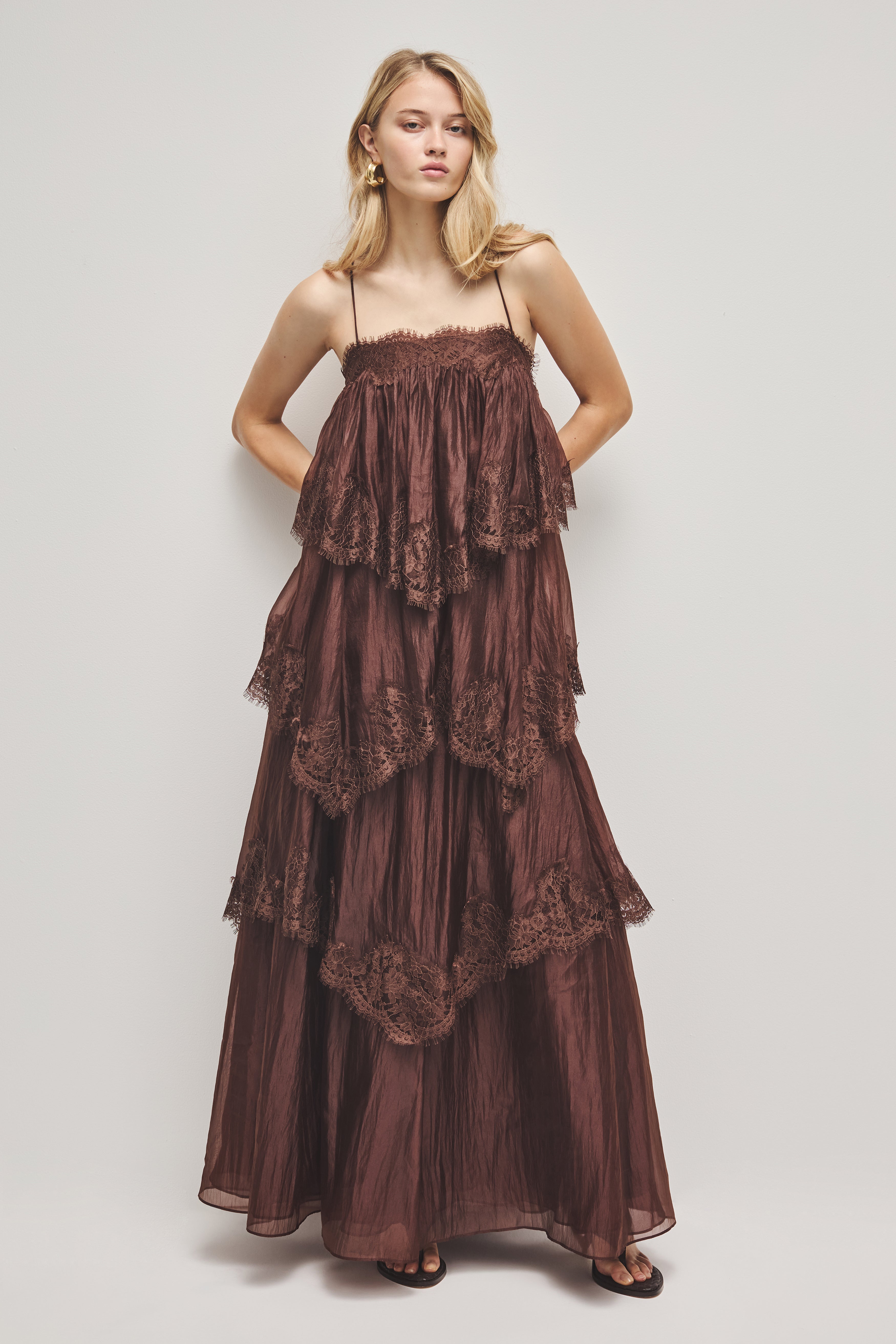 aje brown ruffle dress Ciela Ruffle Knit Maxi Dress-BURNISHED GOLD / XXS