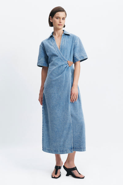 denim dress women 39 Kendall Wrap Midi Vintage High Neckline Beige 35” XL width New with Tags Color::#41-Peacock Blue