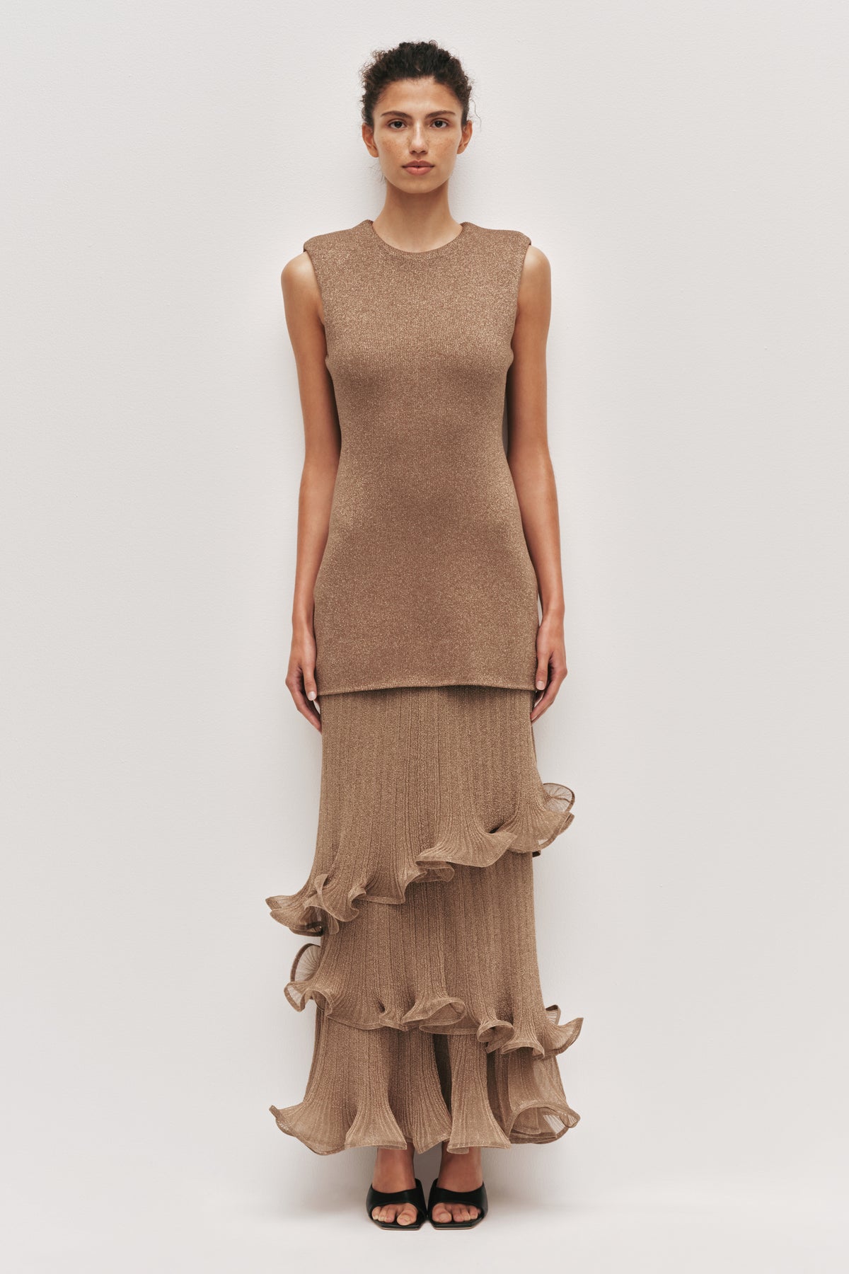 gold aje dress Ciela Ruffle Knit Maxi Burnished | active DS