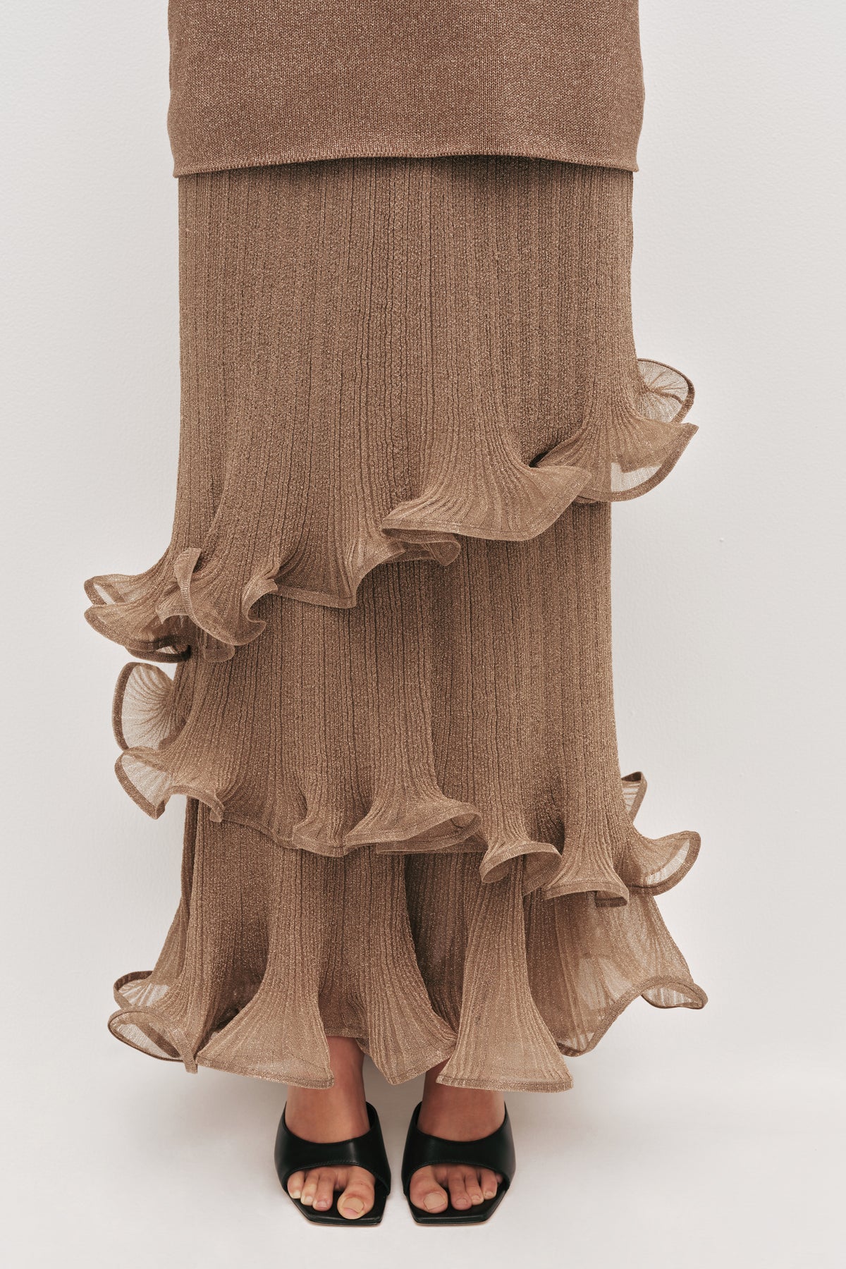 aje elations ruffled knitted maxi dress Ciela Ruffle Knit Burnished | Gold ZT3155