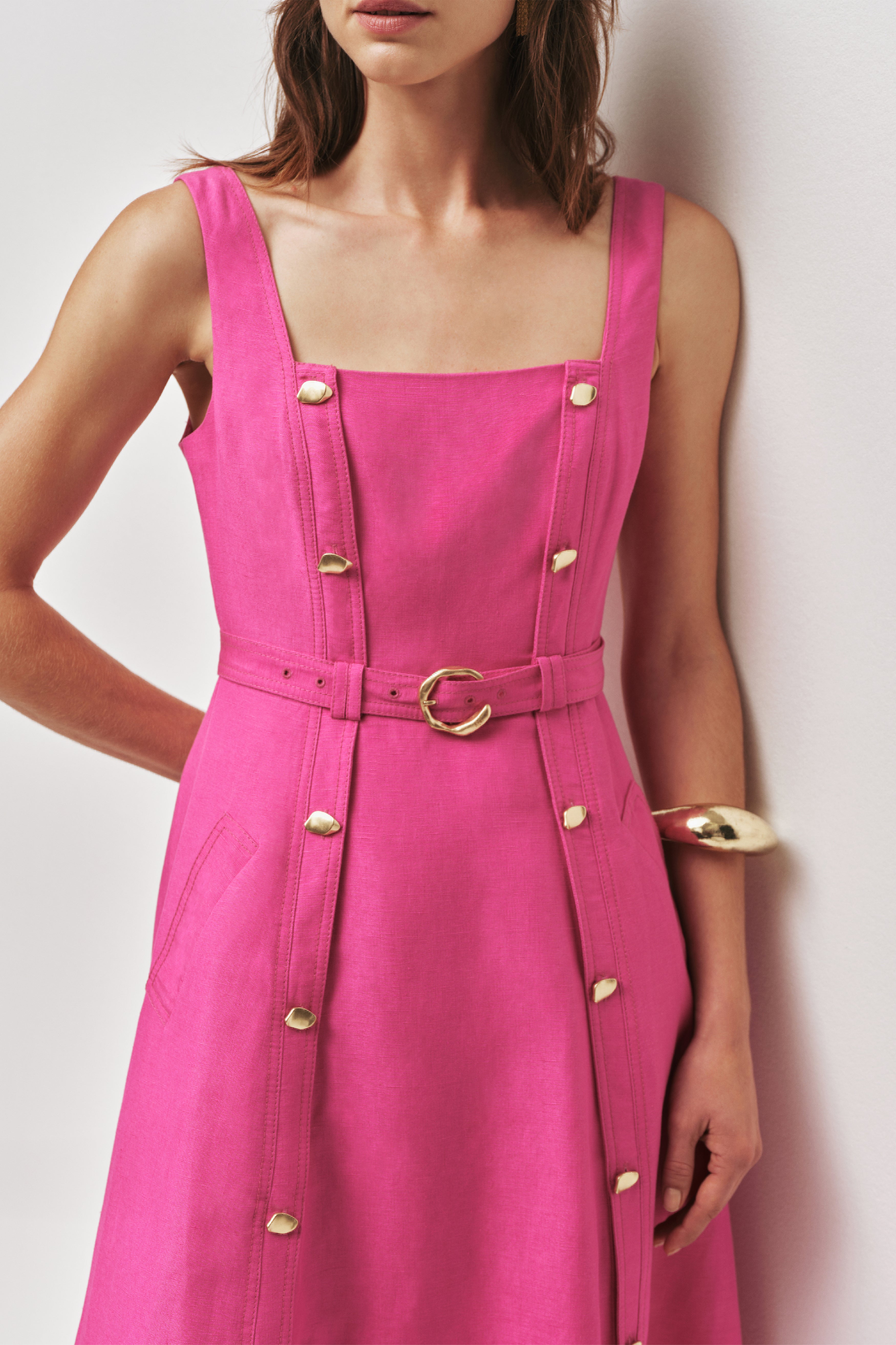 pink utility dress Chic Dress with Puff Sleeves & Pleated Details