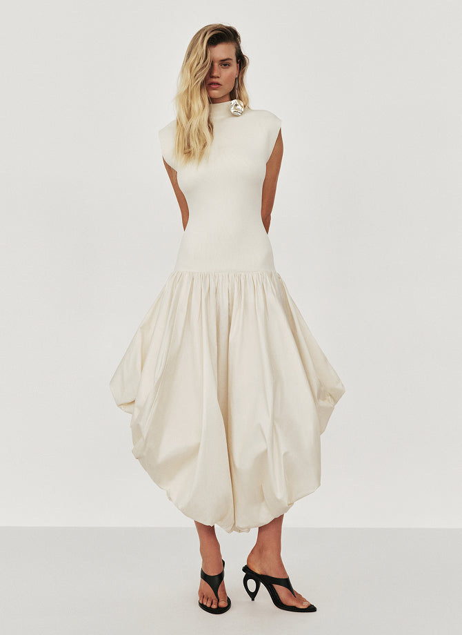 ivory puff dress Ivory Silk Puff Sleeve Women's Midi Dress With Embellished Button main image 0
