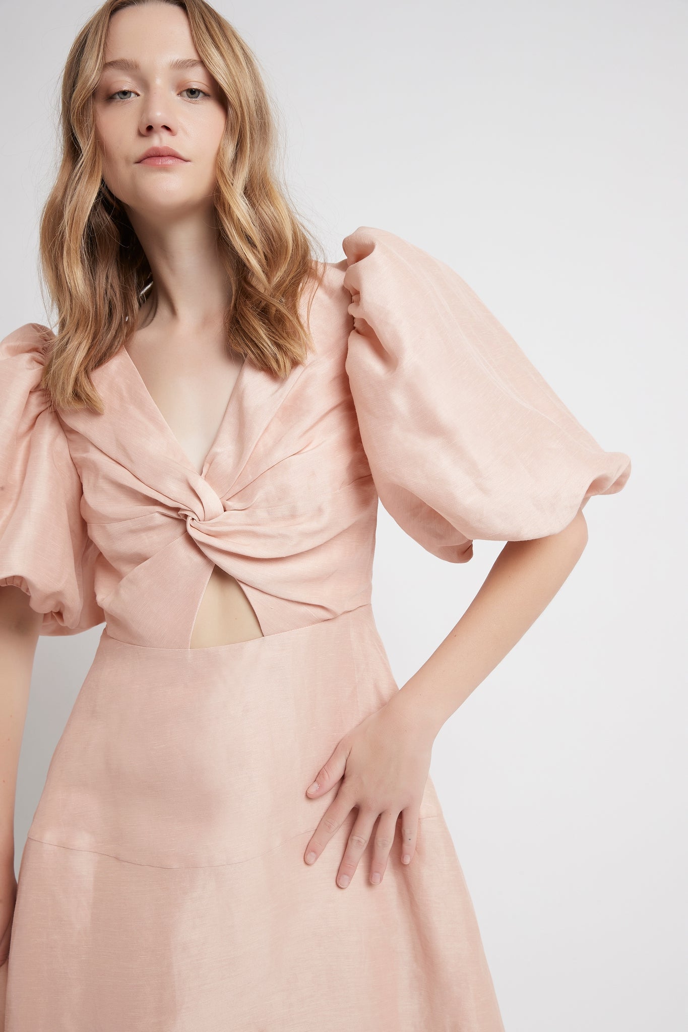 satin knotted puff sleeve split midi dress Cider + Satin Knotted Puff Sleeve Split Midi Dress