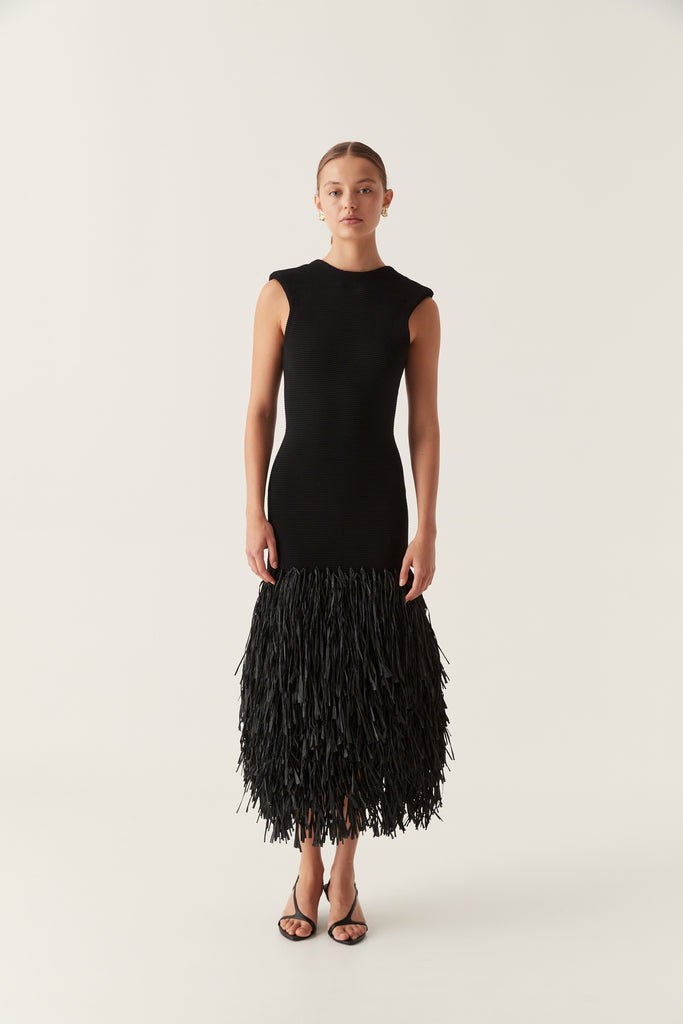 Rushes Knit Midi Dress, Black