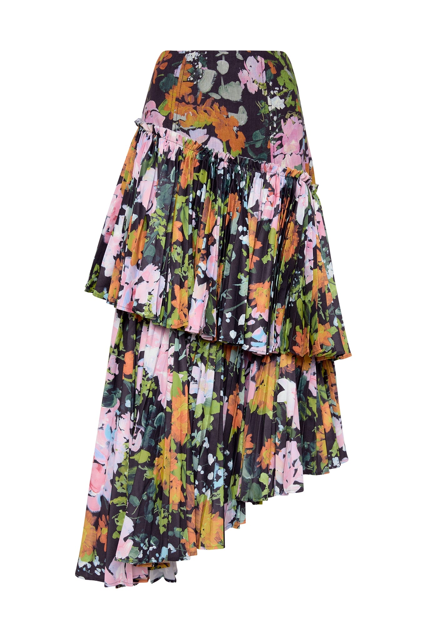 Alice Pleated Asymmetric Midi Skirt, Midnight Floral