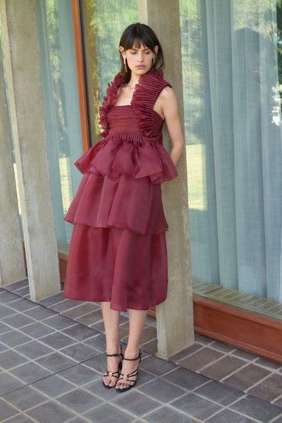 Asra Pleated Frill Midi Dress | Mahogany Red | Aje – Aje International