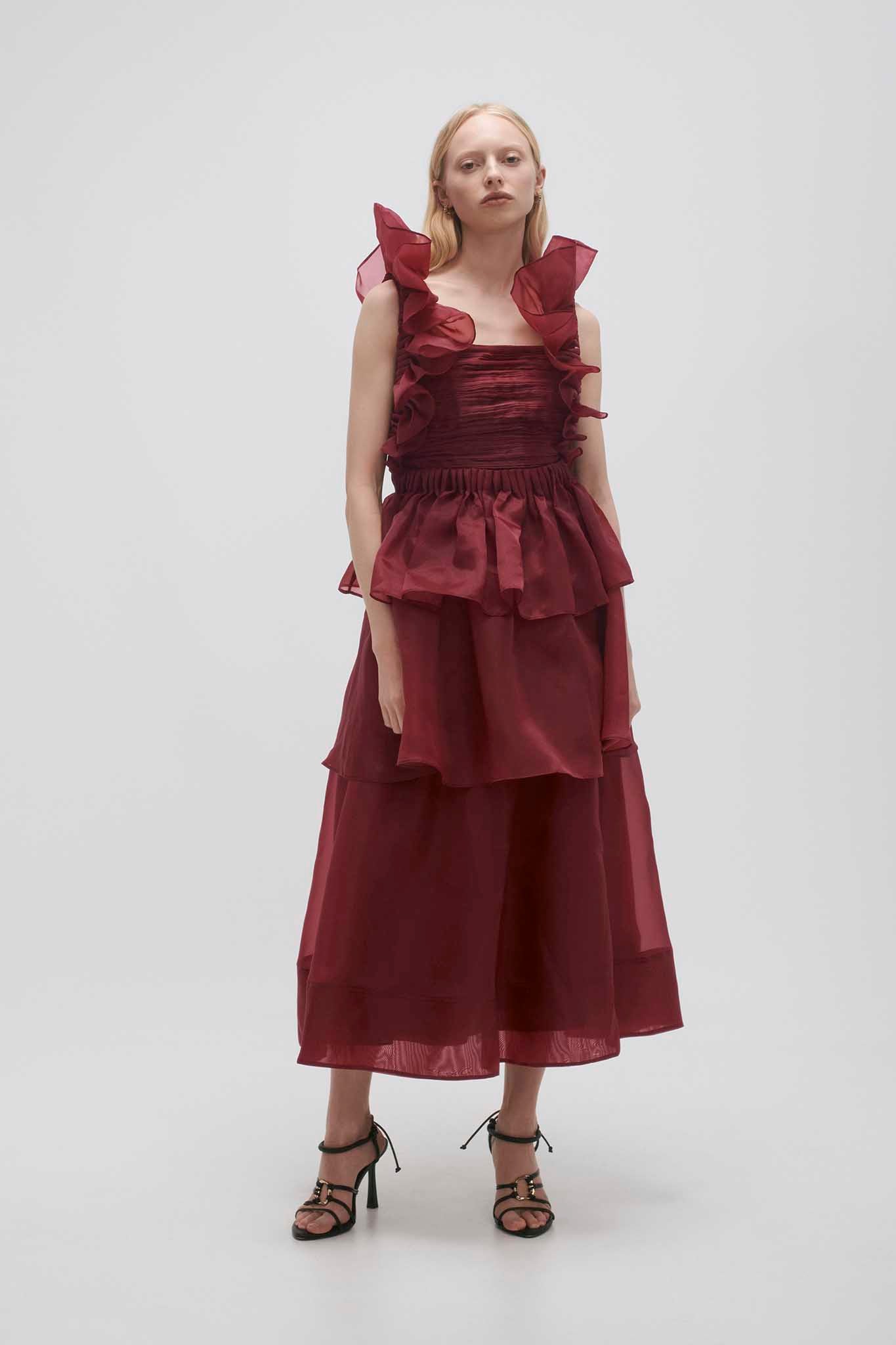 Asra Pleated Frill Midi Dress | Mahogany Red | Aje – Aje World