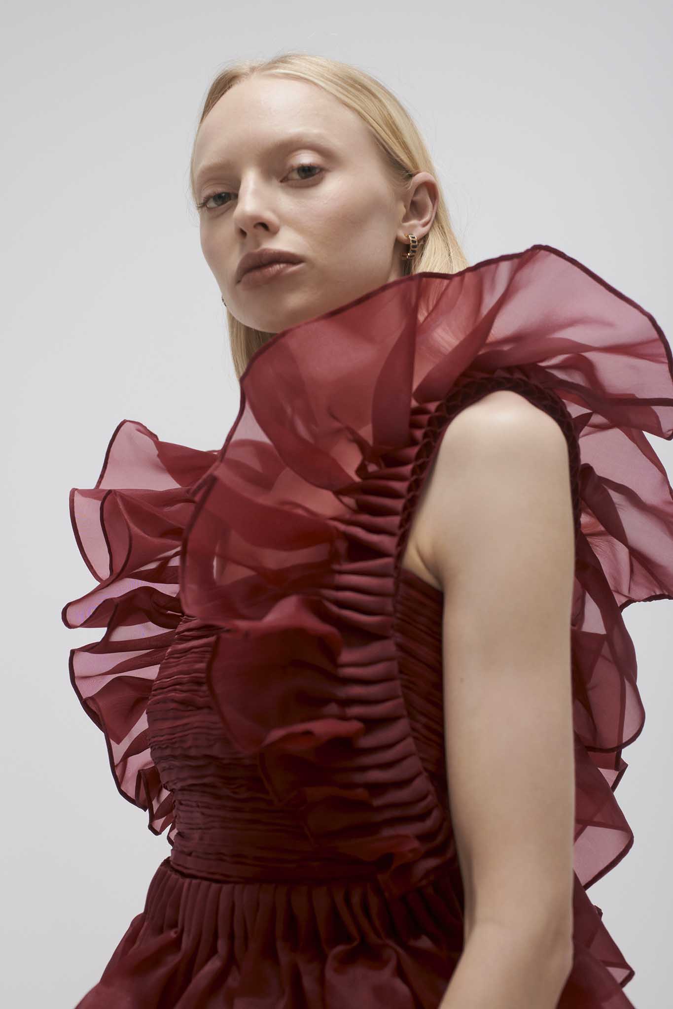 asra pleated frill midi dress Asra Pleated Frill Midi Dress | Mahogany Red