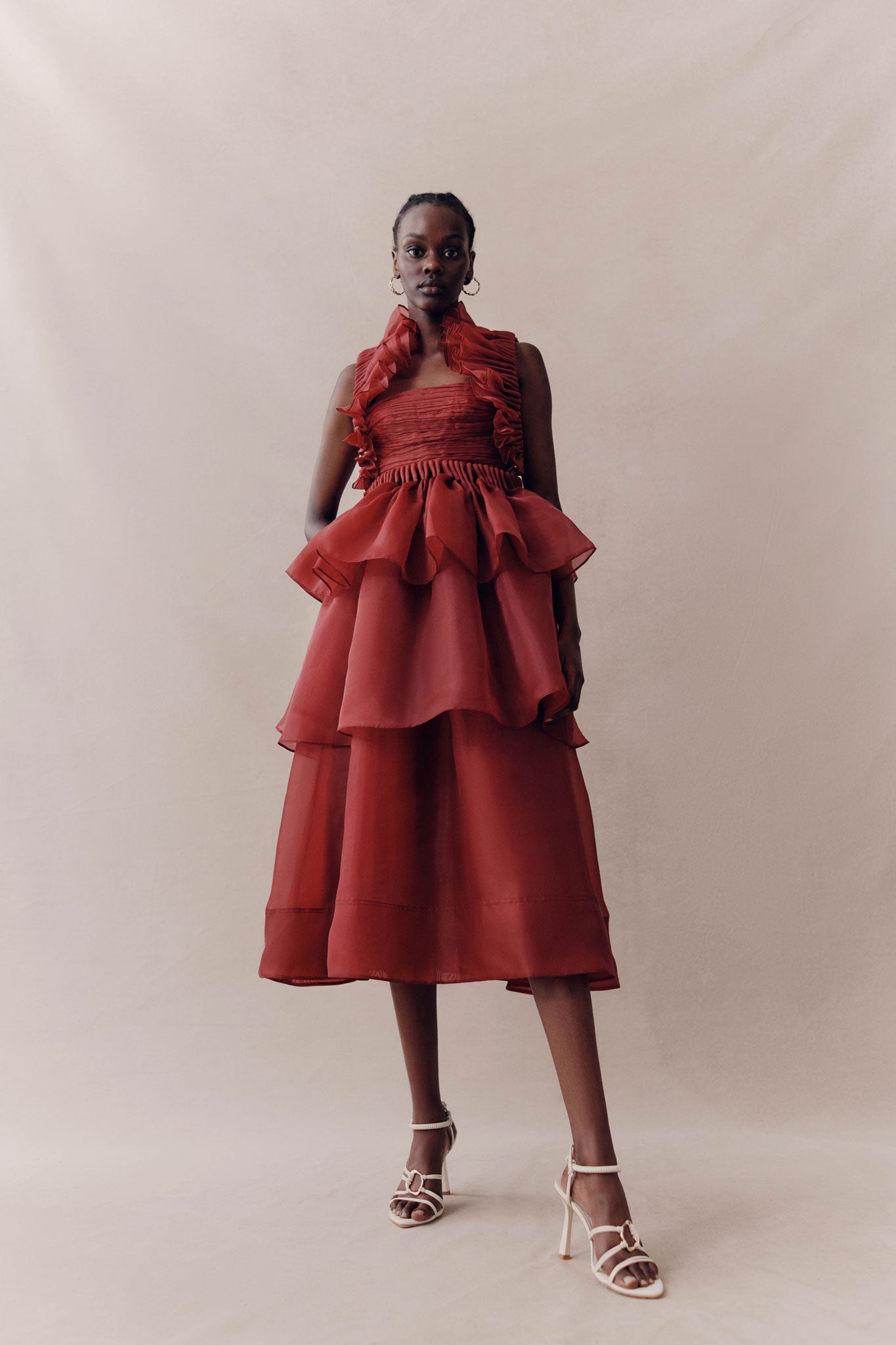 pleated frill midi dress Pink Pleated Chiffon V Neck Ruffle Midi Dress