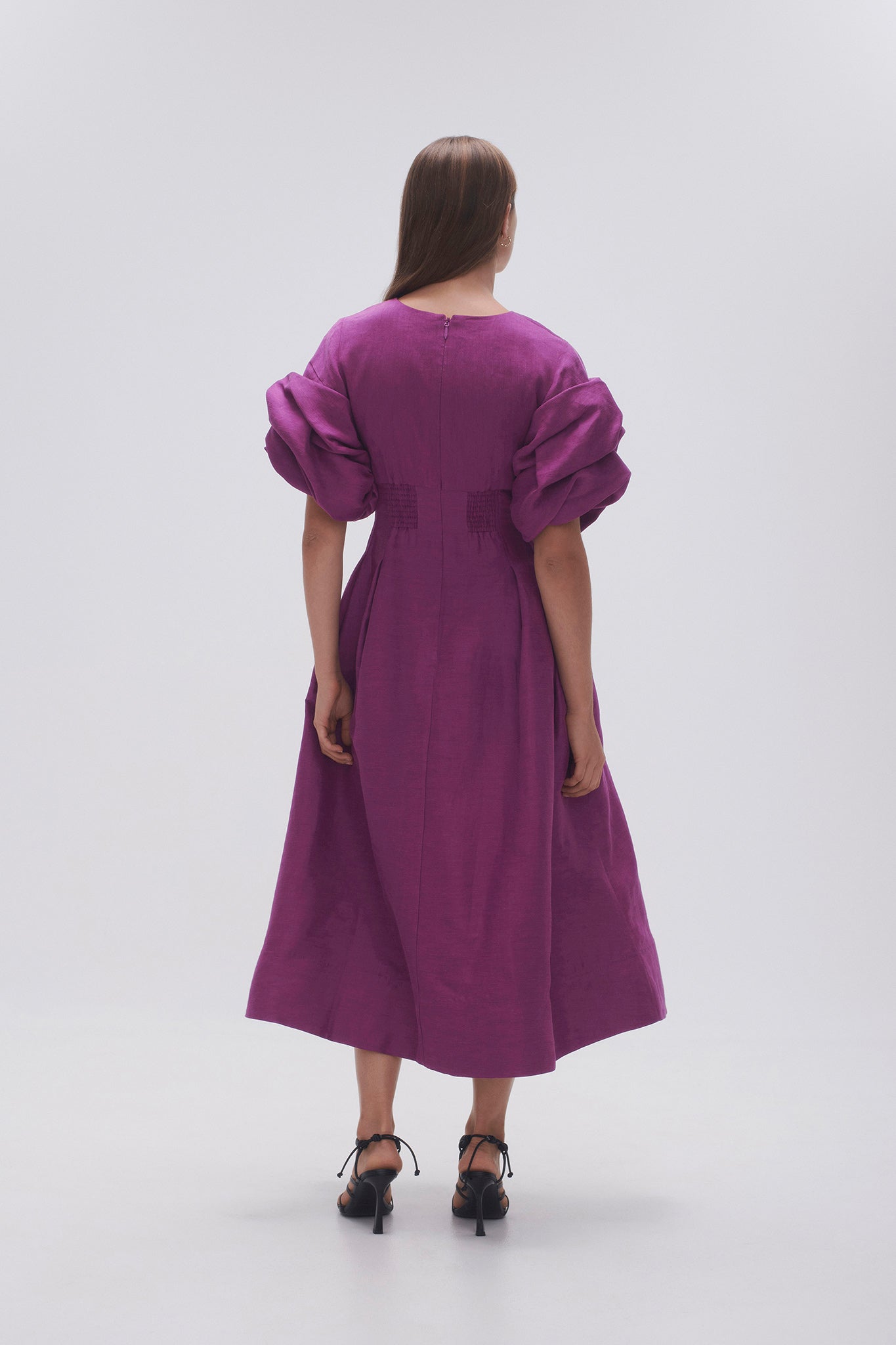 womens puff sleeve midi dress Elegant Puff Sleeve Midi Dress with Embellished Trim 43773