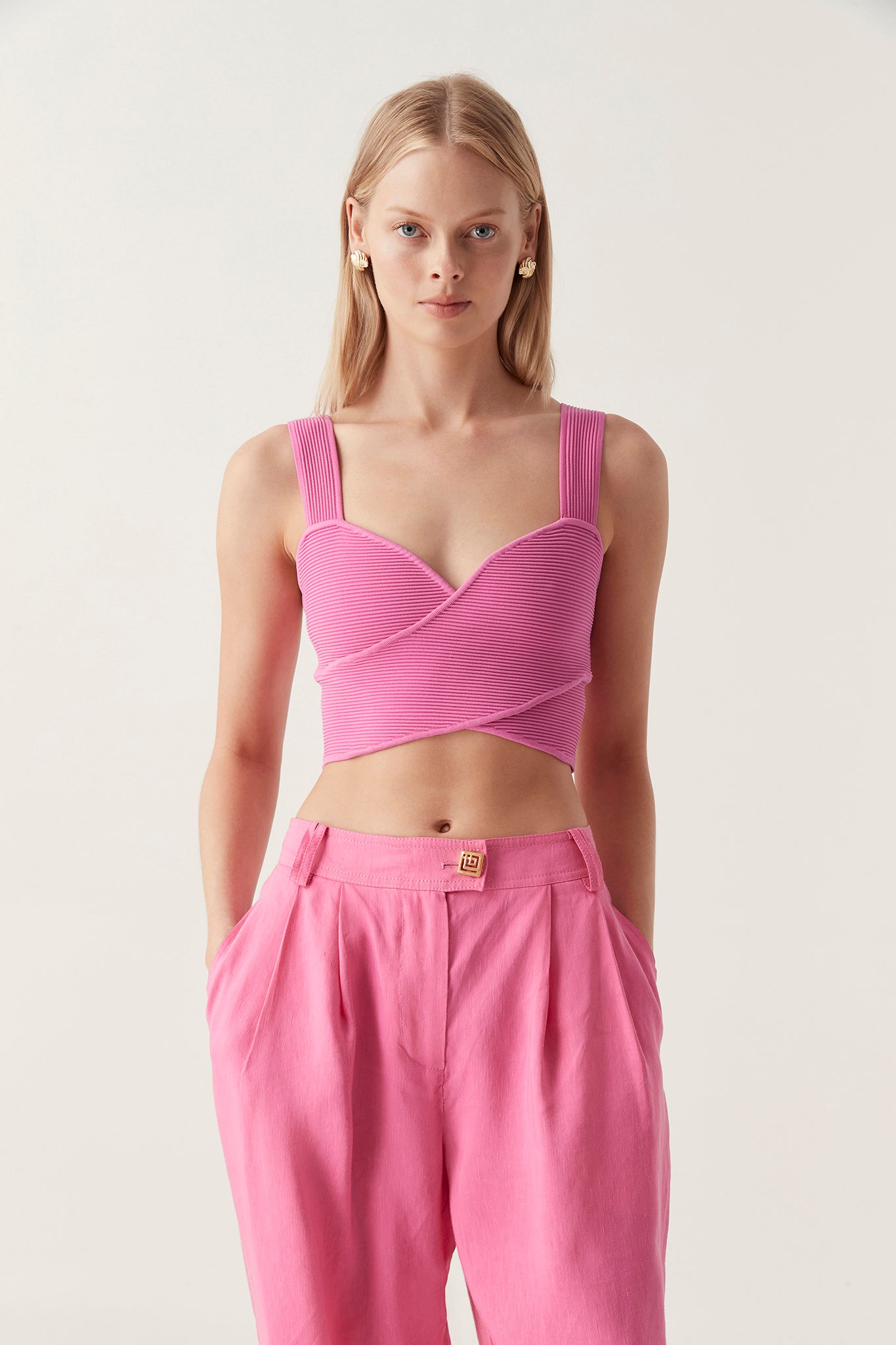 Sybil Twist Knit Bustier | Pink – Brilliant | ROW Aje Aje