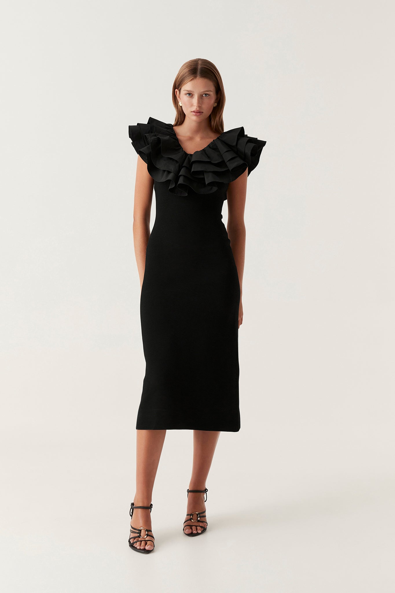 aje black dress Transcendent Ruffle Midi Dress | Black