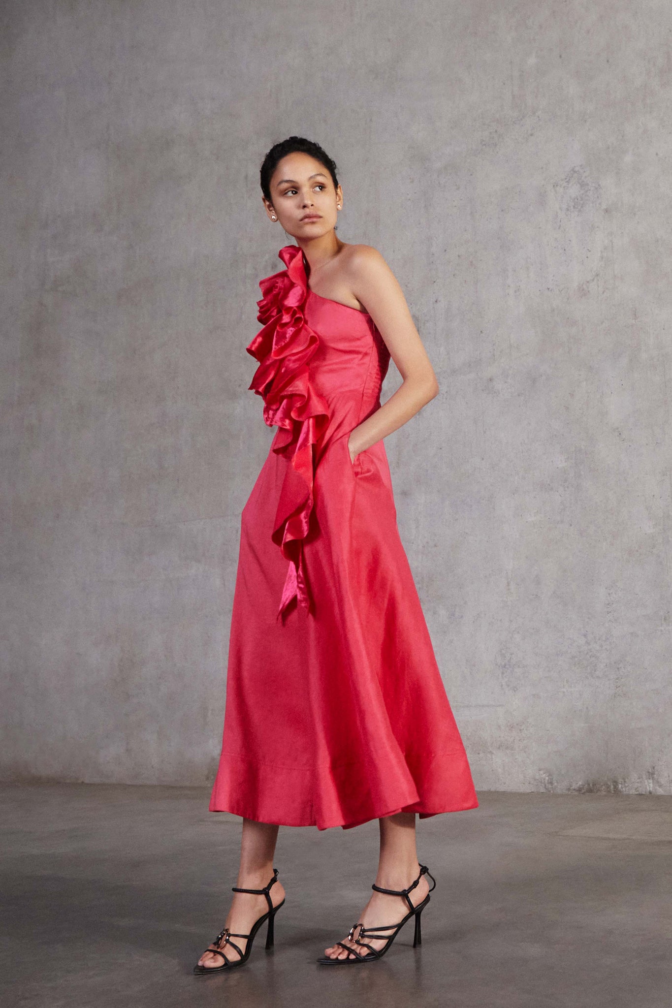 aje transcendent ruffle midi dress Transcendent Ruffle Midi Dress | Cerise Pink