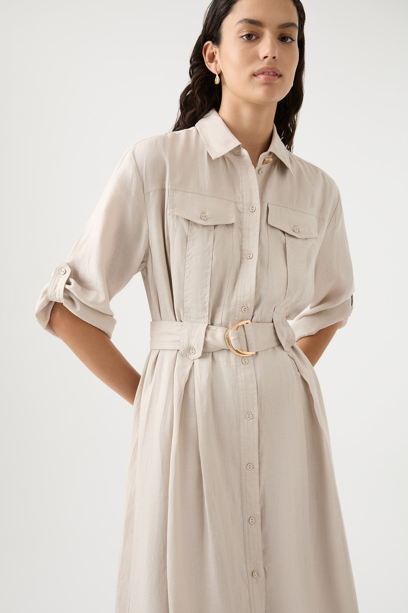 Belted Shirt Dress In Beige - Just $7