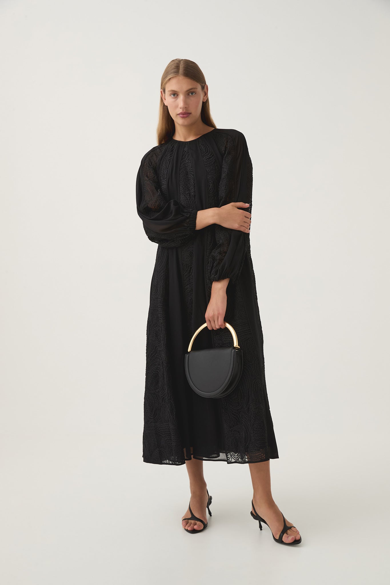 aje soleil lace midi dress Soleil Blouson Lace Midi Dress-BLACK / 4
